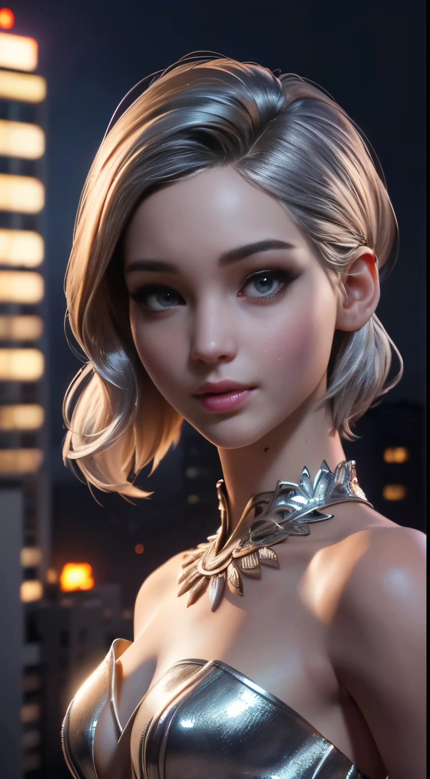 photo of Jennifer Lawrence, RAW, beautiful woman, ((portrait)), ((detailed face:1.2)), ((detailed facial feature, detailed skin, clear skin), (perfect proportioned body, small breasts), (wearing a silver dress) (high detailed city environment, apartment balcony), (realistic photo, best quality, detailed), (8k wallpaper), (cinematic lighting, dramatic lighting) (sharp focus, intricate)