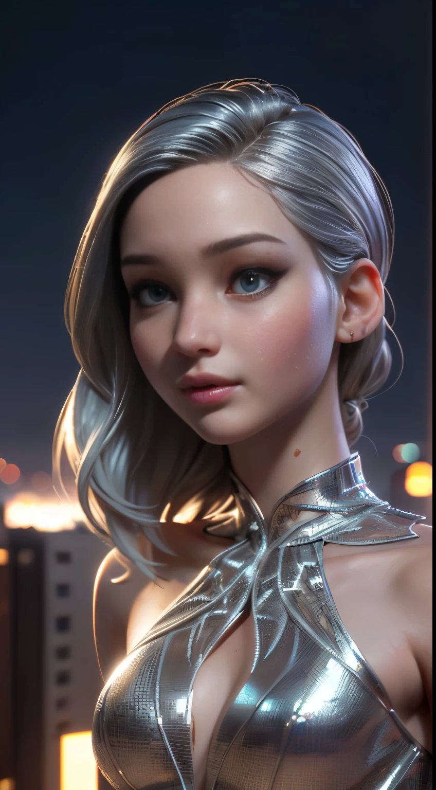 photo of Jennifer Lawrence, RAW, beautiful woman, ((portrait)), ((detailed face:1.2)), ((detailed facial feature, detailed skin, clear skin), (perfect proportioned body, small breasts), (wearing a silver dress) (high detailed city environment, apartment balcony), (realistic photo, best quality, detailed), (8k wallpaper), (cinematic lighting, dramatic lighting) (sharp focus, intricate)