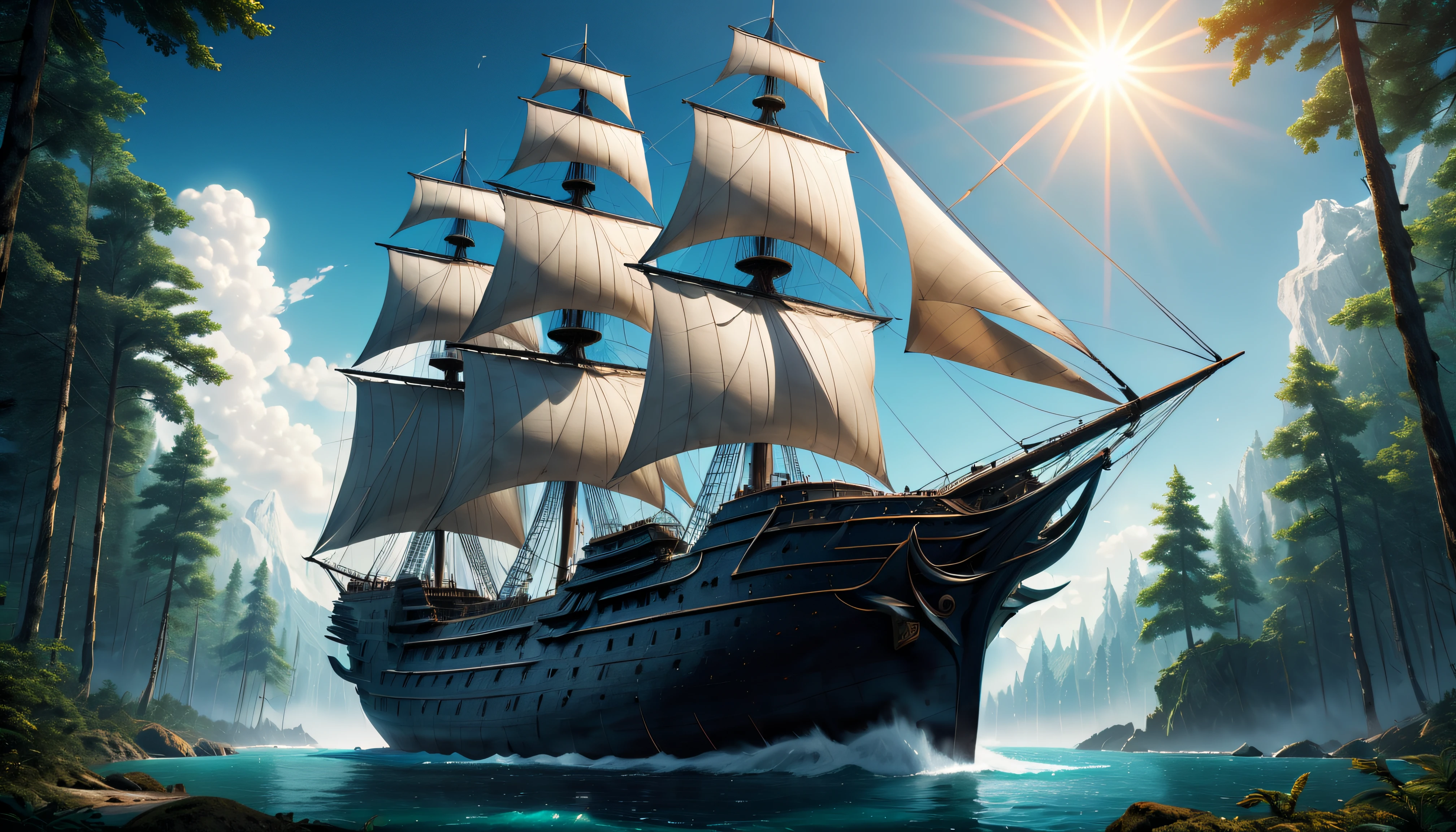 Beautiful unreal ship with sails and large masts.,a very large ship stands on a large marble slab,stands on a marble slab in the forest,sails fluttering in the wind,The sun is shining brightly,The sky is blue,high feed 32k,8K,High texture detail,in good focus,