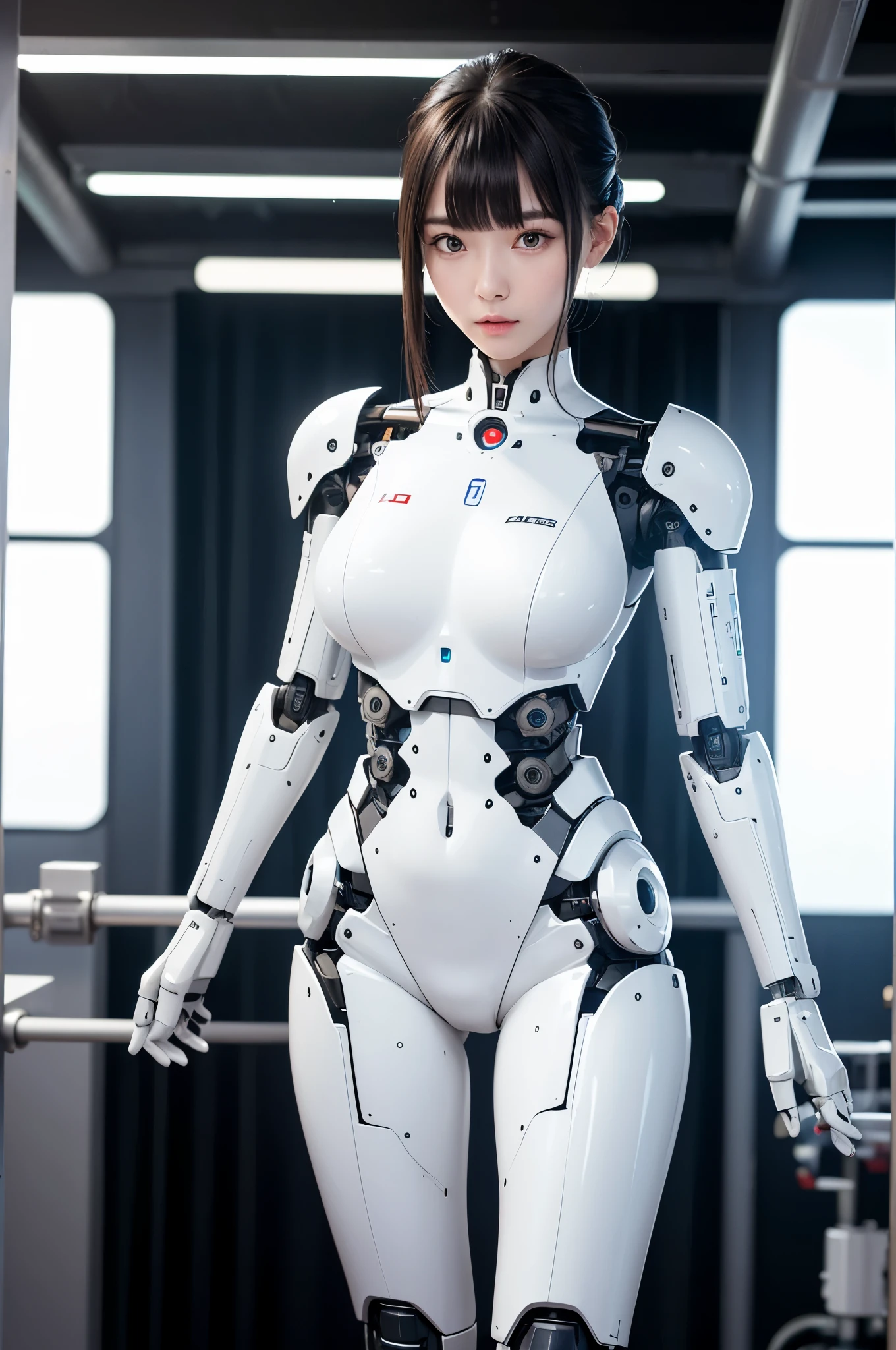 masutepiece, Best Quality, Extremely detailed, (8K, 4K, Best Quality, hight resolution, 超hight resolution:1.1), 8K portrait,1girl in, Japaese アンDroid girl,アンDroid teacher,Plump , control panels,アンDroid,Droid,Mechanical Hand, ,Robot arms and legs, Black hair,Mechanical body,Blunt bangs,White Robotics Parts,perfect robot woman,Charging spot,Long Tube,A thick cable was connected to his neck.,ceramic body ,アンDroid,robot humanoid,Slightly Chubby,pantiy,complete eyes,Perfect machine body,White robot body,assembly plant of the future,White body,she repaired,black sponge joint,アンDroid assembly plant,アンDroid,laboratory,Perfect machine body,White robot body,