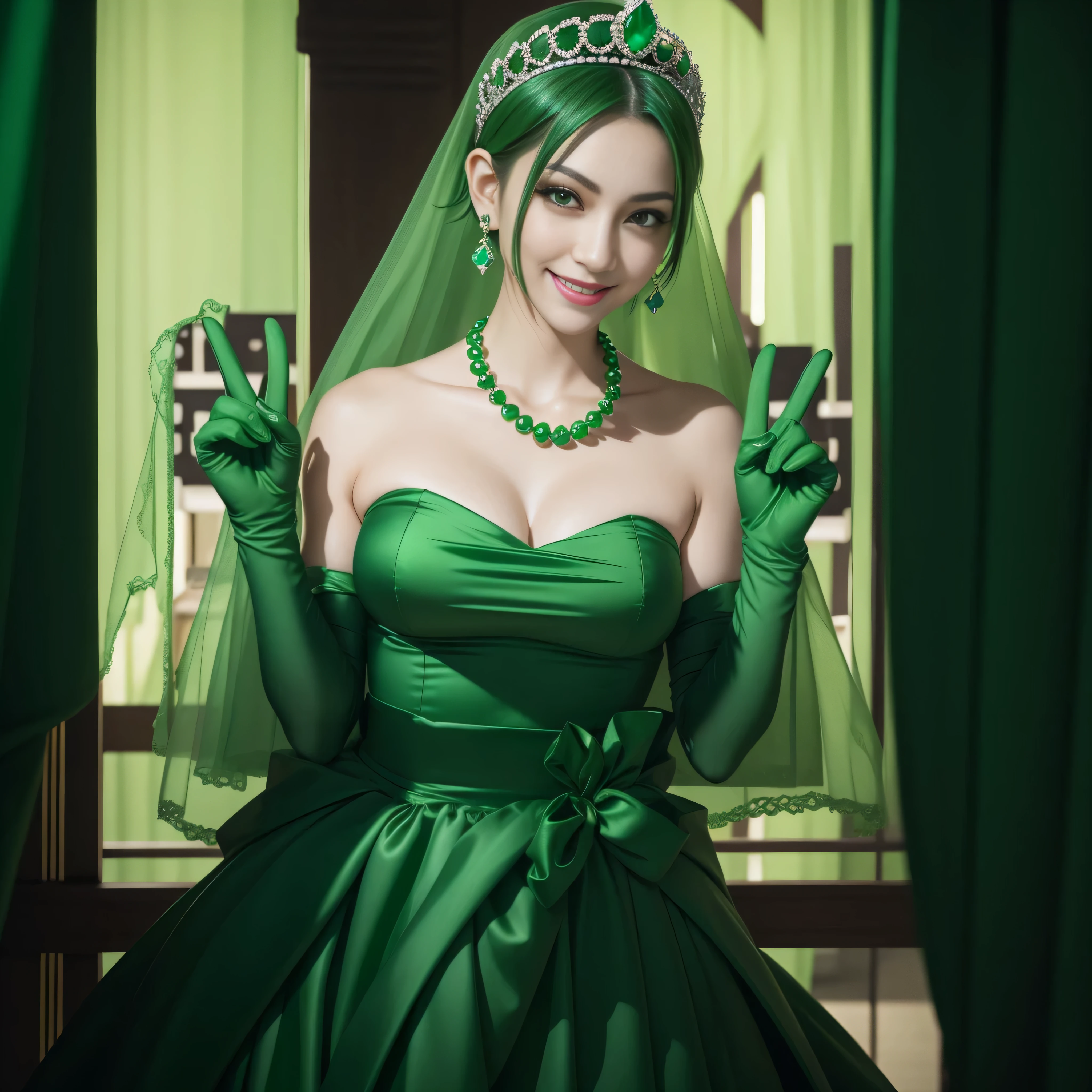 emerald tiara, Green Pearl Necklace, Boyish very short green hair, lipsticks, Japan woman smiling, very short short hair, big breasts beautiful, Green eyes, Long green gloves made of satin material, Green eyes, Emerald Earrings, green vale, v sign