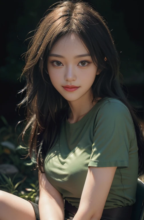 bestquality, masterpiece, ultra-high resolution, (photorealistic portrait:1.4), RAW photo, 1girls, Waist up, Seated, Deep Shadows, dark theme, pretty smile, full entire body, Green Shirt, Long, straight hair that reaches the bottom.