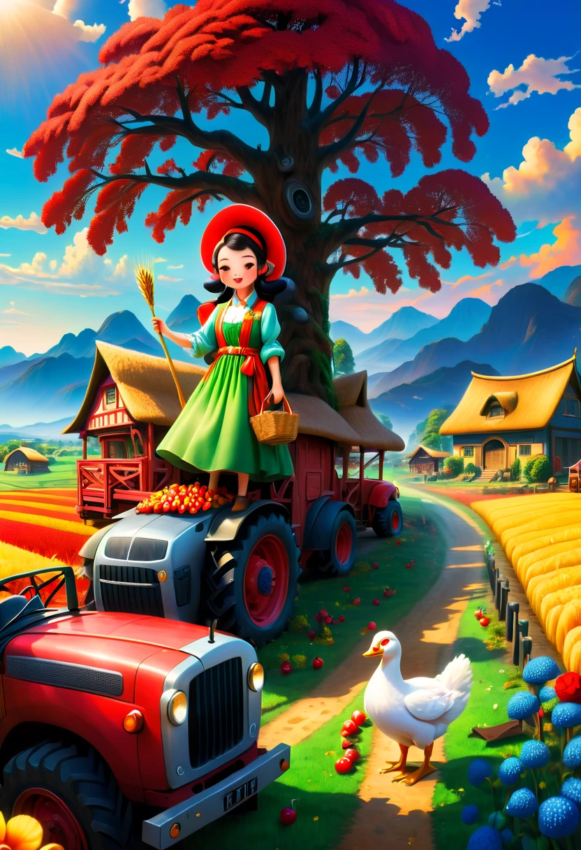 vivd colour, magical ambiance, Whimsical, Comfortable，(Farm life: 1.8)，(1个戴草帽的美丽女孩捧着taur奶:1.8)，(Red roofs and surrounding golden wheat fields and colorful orchardarmers are harvesting with combine harvesters and scythes，and load the fruit onto the truck，cavalos、taur、Animals such as chickens and ducks play in the farm，An oak tree laden with golden acorns，squirrels，autumnal，The wedding was held under the oak tree)，(((画面捕捉到了丰收的喜悦和和谐的Farm life)))，hyper realisitc的, Psychedelic, Complicated details, Beautiful texture, Ethereal, like a dream, soft luminescent glow, Charming Patterns, Fantasy Farm, Hidden surprises, fantastic farm scenery, hyper realisitc的 color palette, Mystic aura, hyper realisitc, Enchanting journey, psychedelic trip, vivid imagination, immersive experience, mysterious creature, otherworldly charm, hyper realisitc的天空, Whimsical theme park, (a magical encounter,Fascinating artwork)，(Ghibli-style colors, first person perspective, hyper HD, tmasterpiece, Acura, Anatomically correct, ctextured skin, super detailing, high detal, high high quality, Award-Awarded, Best quality, 8K), wool felt art，Wool Felt Dream Farm， w00len