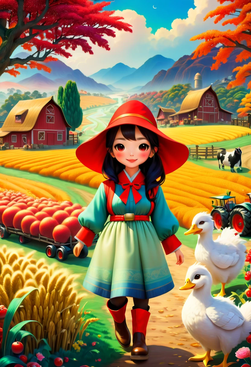 vivd colour, magical ambiance, Whimsical, Comfortable，(Farm life: 1.8)，(1个戴草帽的美丽女孩捧着taur奶:1.8)，(Red roofs and surrounding golden wheat fields and colorful orchardarmers are harvesting with combine harvesters and scythes，and load the fruit onto the truck，cavalos、taur、Animals such as chickens and ducks play in the farm，An oak tree laden with golden acorns，squirrels，autumnal，The wedding was held under the oak tree)，(((画面捕捉到了丰收的喜悦和和谐的Farm life)))，hyper realisitc的, Psychedelic, Complicated details, Beautiful texture, Ethereal, like a dream, soft luminescent glow, Charming Patterns, Fantasy Farm, Hidden surprises, fantastic farm scenery, hyper realisitc的 color palette, Mystic aura, hyper realisitc, Enchanting journey, psychedelic trip, vivid imagination, immersive experience, mysterious creature, otherworldly charm, hyper realisitc的天空, Whimsical theme park, (a magical encounter,Fascinating artwork)，(Ghibli-style colors, first person perspective, hyper HD, tmasterpiece, Acura, Anatomically correct, ctextured skin, super detailing, high detal, high high quality, Award-Awarded, Best quality, 8K), wool felt art，Wool Felt Dream Farm， w00len