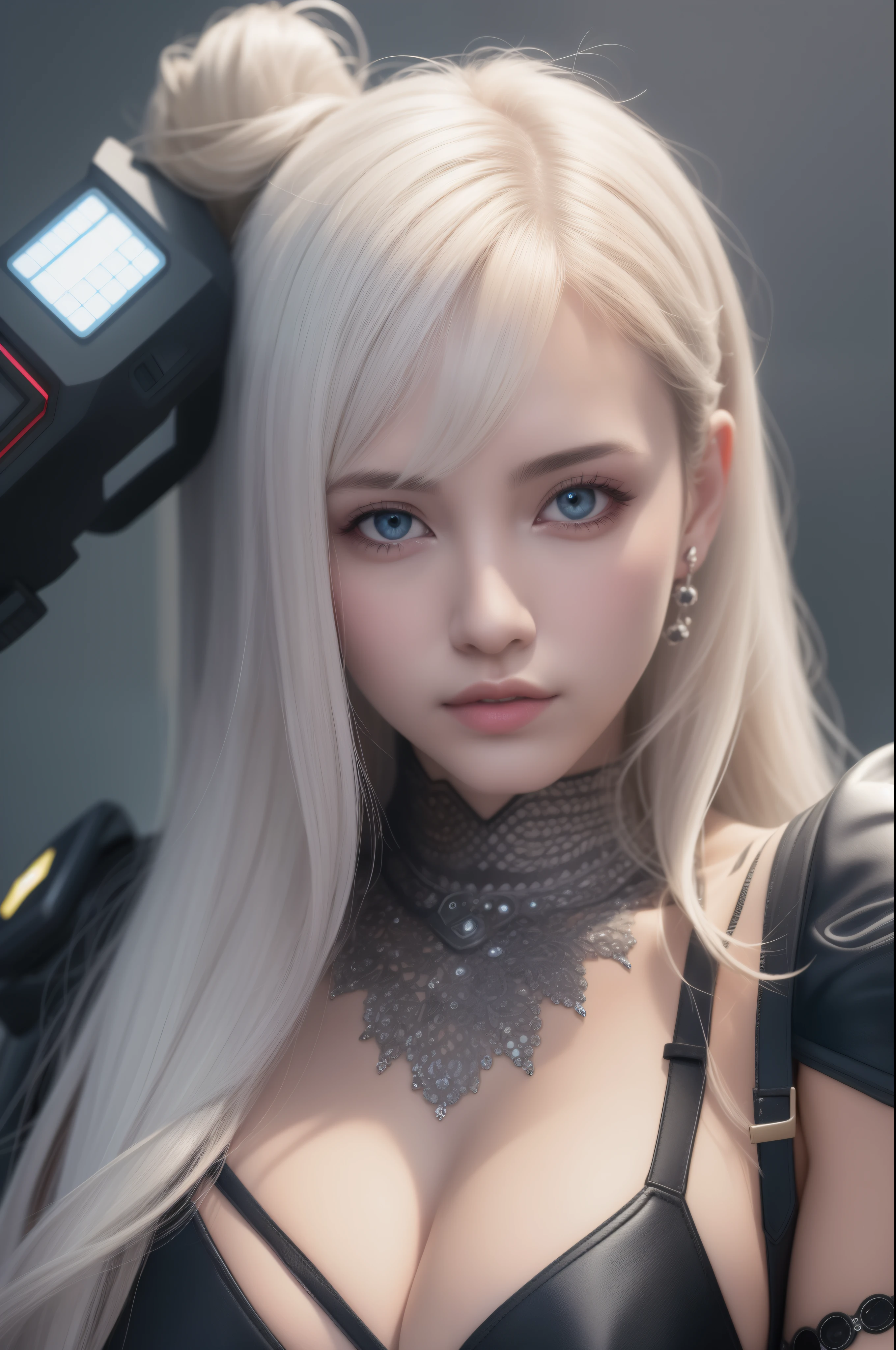top-quality、8K Masterpiece、超A high resolution、(Photorealsitic:1.3)、Raw photo、1人、silver white hair、glowy skin、1 Cyberpunk Super Beautiful Soldier、((super realistic details))、portlate、globalillumination、Shadow、octan render、8K、ultrasharp、beauty breast、Raw skin is exposed in cleavage、metals、cold color、、highly intricate detail、Realistic light、CGSoation trend beautiful eyes、Eyes shining towards the camera、neon details、