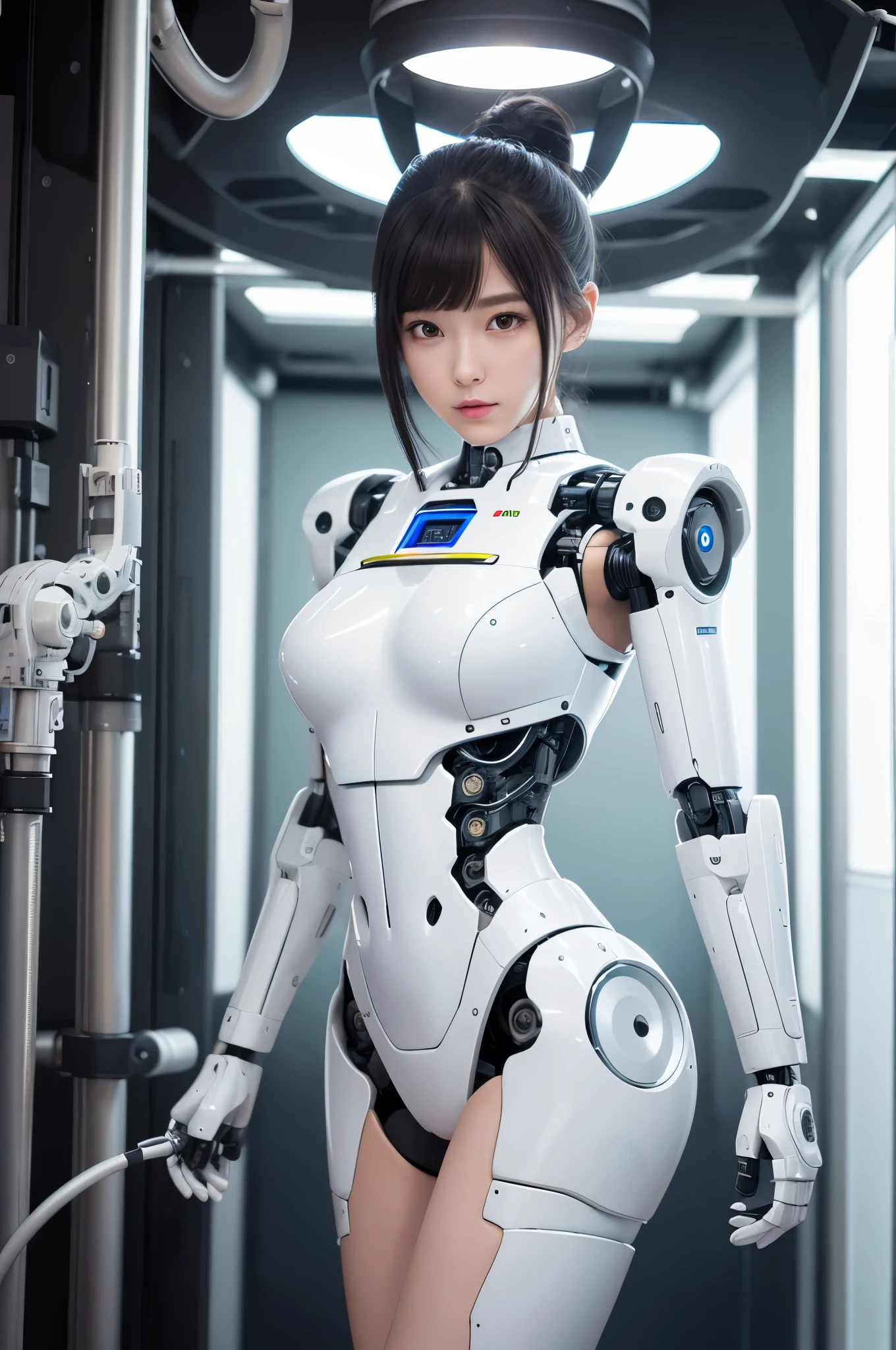 masterpiece, best quality, extremely detailed, (8K, 4K, Best Quality, hight resolution, 超A high resolution:1.1), 8K portrait,1girl in, Japaese android girl,android teacher,Plump , control panels,android,Droid,Mechanical Hand, ,Robot arms and legs, Black hair,Mechanical body,Blunt bangs,White Robotics Parts,perfect robot woman,Charging spot,Long Tube,A thick cable was connected to her neck,ceramic body ,android,robot humanoid,a bit chubby,panty,full eyes,perfect mechanical body,white robotics body,future assembly plant,white body,She has repaired,black sponge joints,android assembly plant,android,laboratory,perfect machine body,white robot body,