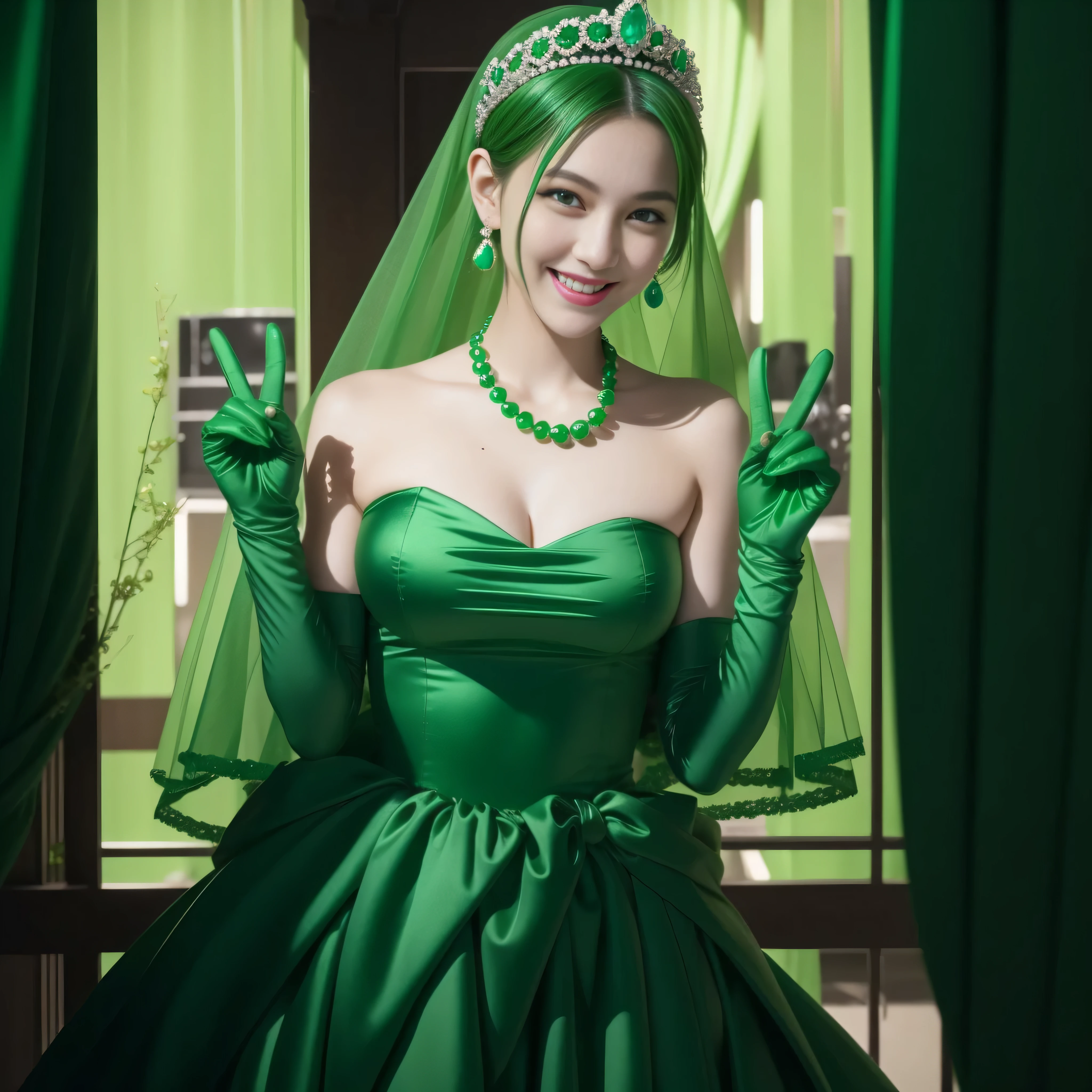 emerald tiara, Green Pearl Necklace, Boyish very short green hair, lipsticks, Japan woman smiling, very short short hair, big breasts beautiful, Green eyes, Long green gloves made of satin material, Green eyes, Emerald Earrings, green vale, v sign