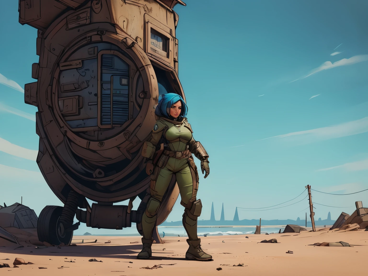 um personagem do jogo fallout 3, caminhando sozinho por uma cidade em ruinas, jogo fallout 3, ((uma personagem feminina usando Armored Vault jumpsuit azul com detalhes em cinza, universo de fallout 3, mochila nas costas)), Natural Dynamic Pose, cidade em ruinas, melhor qualidade, ultra detalhada, bem desenhado, anatomia perfeita, proporcional, character within the golden ratio of the scene