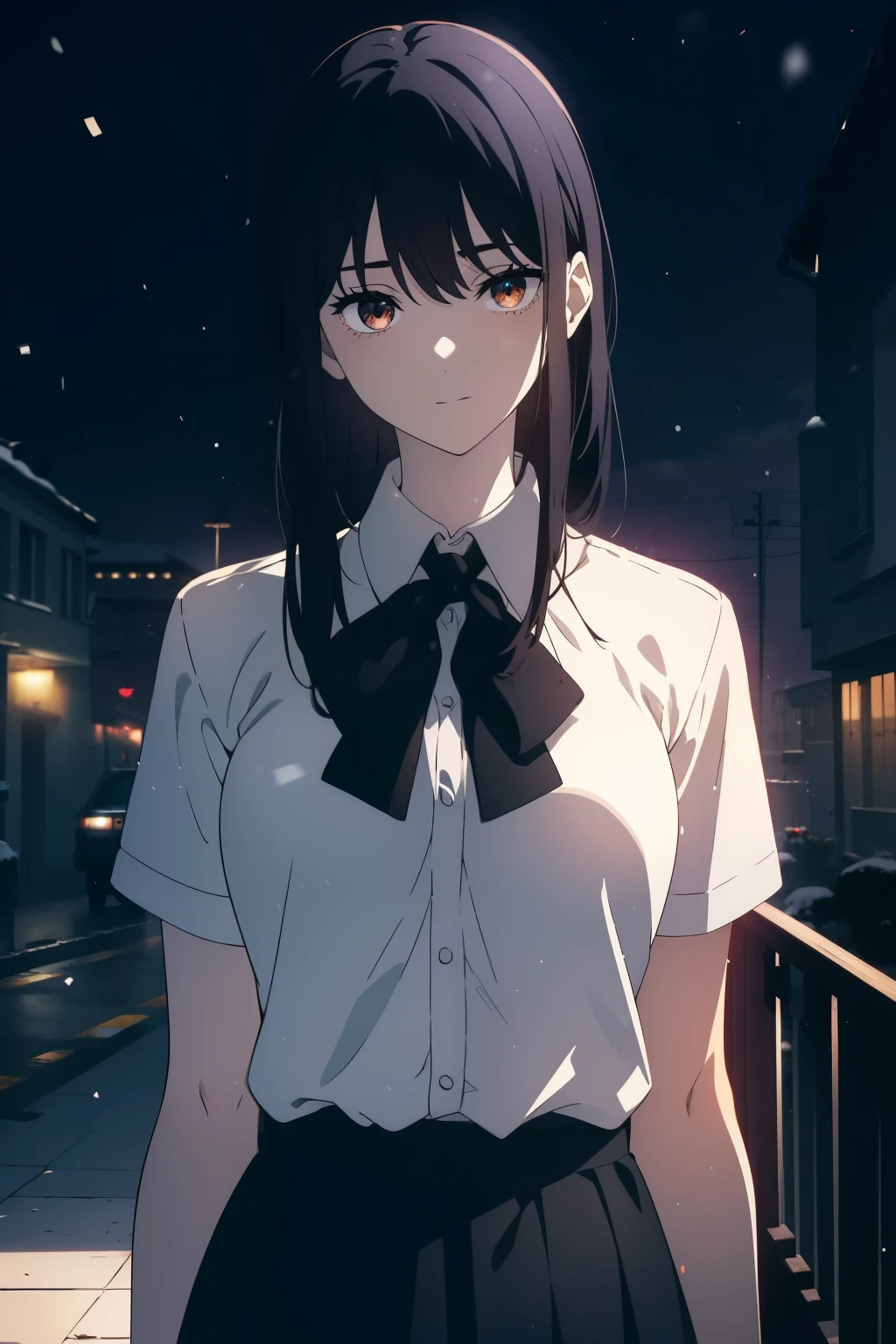 (Obra maestra, La mejor calidad, ultrahigh resolution), 1girl, standing, school uniform, white office shirt, black pleated skirt, (((black hair, dark black hair))), long hair cut, pale skin, ((brown eyes)), glowing_eyes, neon eyes, (ultra detailed eyes:0.7, beautiful and detailed face, detailed eyes:0.9), ((centered)), smile, ((wide shot)), facing viewer, eye level, ((vibrant background, snowy landscape, cityscape, snowing, snow)), flat chested, looking at viewer, ((half closed eyes)), ((perfect hands)), (((head:1, arms, hips, elbows, in view))), ((hands behind back)), empty eyes, beautiful lighting, outside, outdoors, background, defined subject, 25 years old, (head tilt)