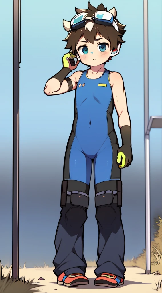 Two-dimensional boy Shota，One-piece hiking suit，Slim, Healthy body，Wear the headphones on your head，The stands up，protective goggles，cow horn，Cow ears