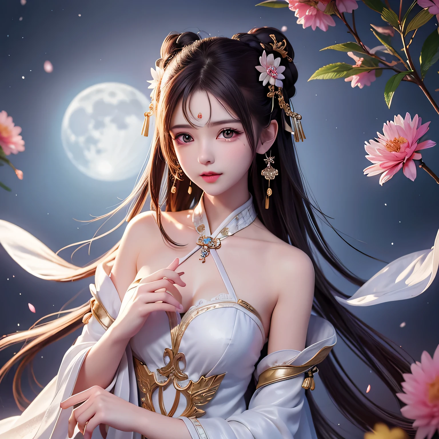 (8K, Raw foto:1.2),Best Quality, The ultra-Highres,dramatic angle,(Splash of fluttering and delicate colors), (Illustration),(((1 Girl))),(Long hair),(Sateen:0.9),(Hair ornaments:1.4),Next to the girl is an ancient palace,wearing chinese clothes), colour: Ink Wash Painting,(Color Splashing),Brilliant bouncing,(((colourfull))),(sketchpad:0.8), Masterpiece,Best Quality, Beautifully drawn,highly detaild,(denoise:0.6),[splash ink],((Ink refraction)), (Beautiful detailed sky),the moon,highly,Detail Aster Piece, Best Quality, Extreme Detail CG Unity 8K Wallpapers,Masterpiece, Best Quality, Ultra-detailed),(Lycoris Radiata),