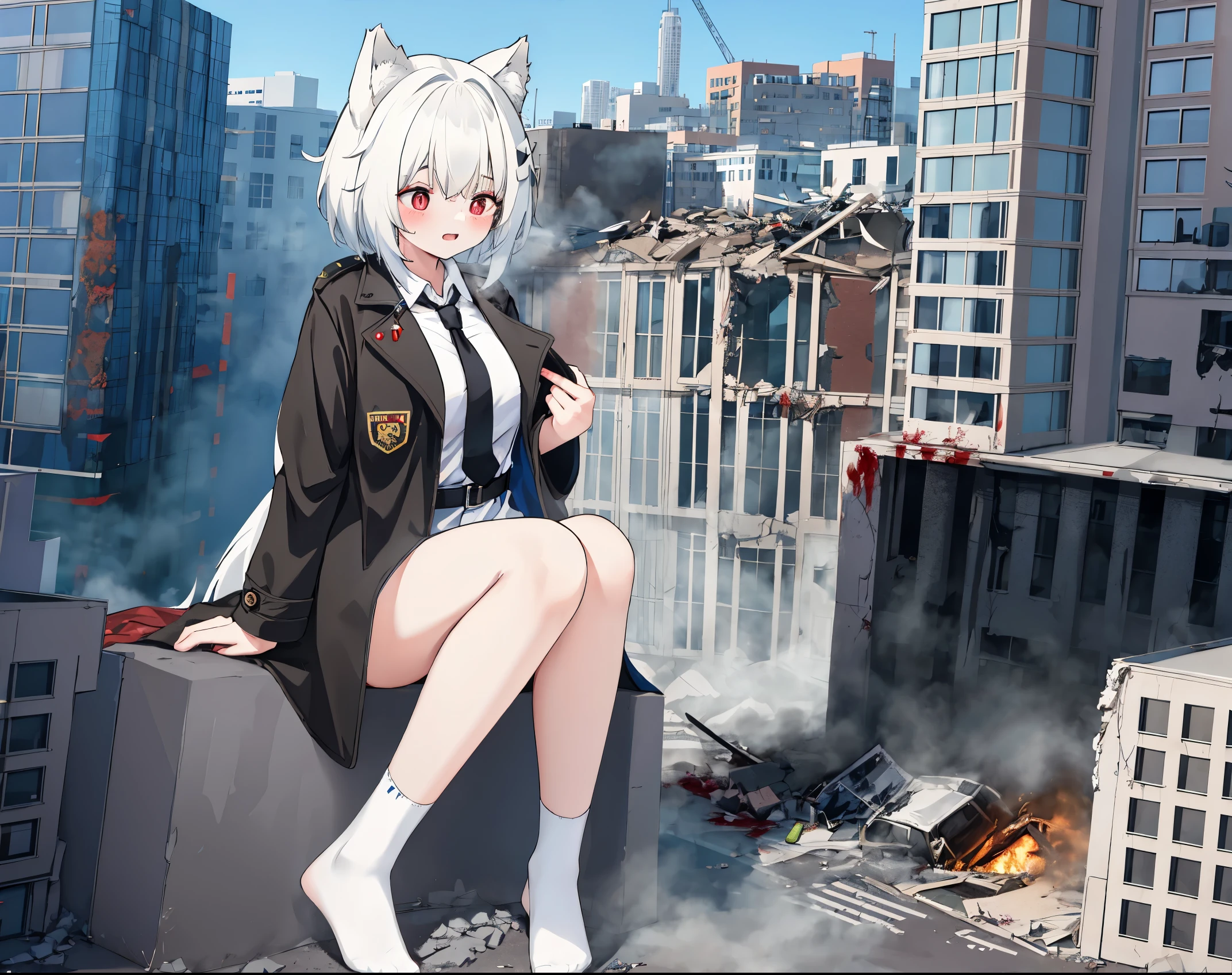 1个Giant Breast Girl, , Full body lesbian,100 meters tall girl, Bigger than a building,no shoe,Black jacket with white shirt ,a blue tie,white hair color hair,Wolf ears,Light red eyes,A cold expression, Destroyed buildings, Sit on a destroyed building,Put one foot on the car,The one who was trampled to death,There was blood on the ground,Blood adhesions,The socks were stained with blood,GTSC city, as a giantess, Bright pupils, ssmile, naghty face, 16k, high high quality, high detal, Anatomically correct, ctextured skin,Steam coming out of feet,