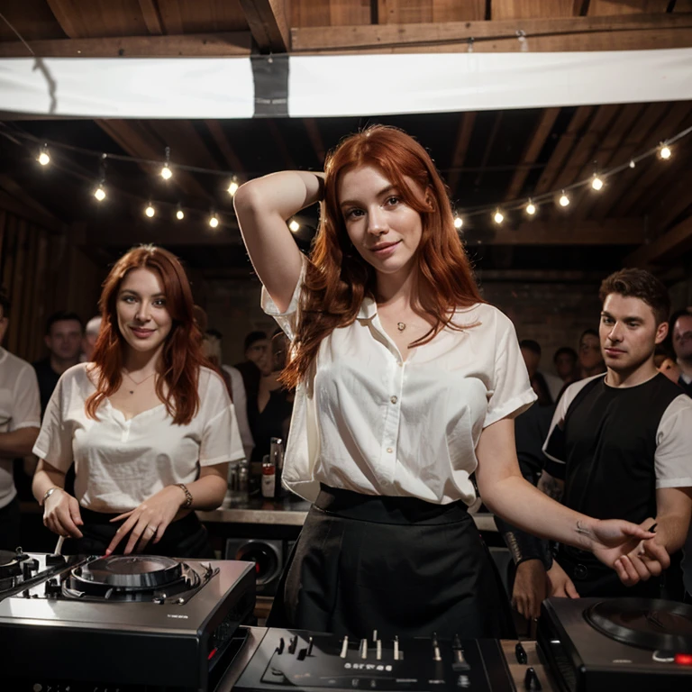 Create a realistic photo of a red-haired woman with the same face as this photo, at a party, wearing a black skirt, a white blouse, drinks, people in the background, music, a DJ in the background, low lighting, happy.