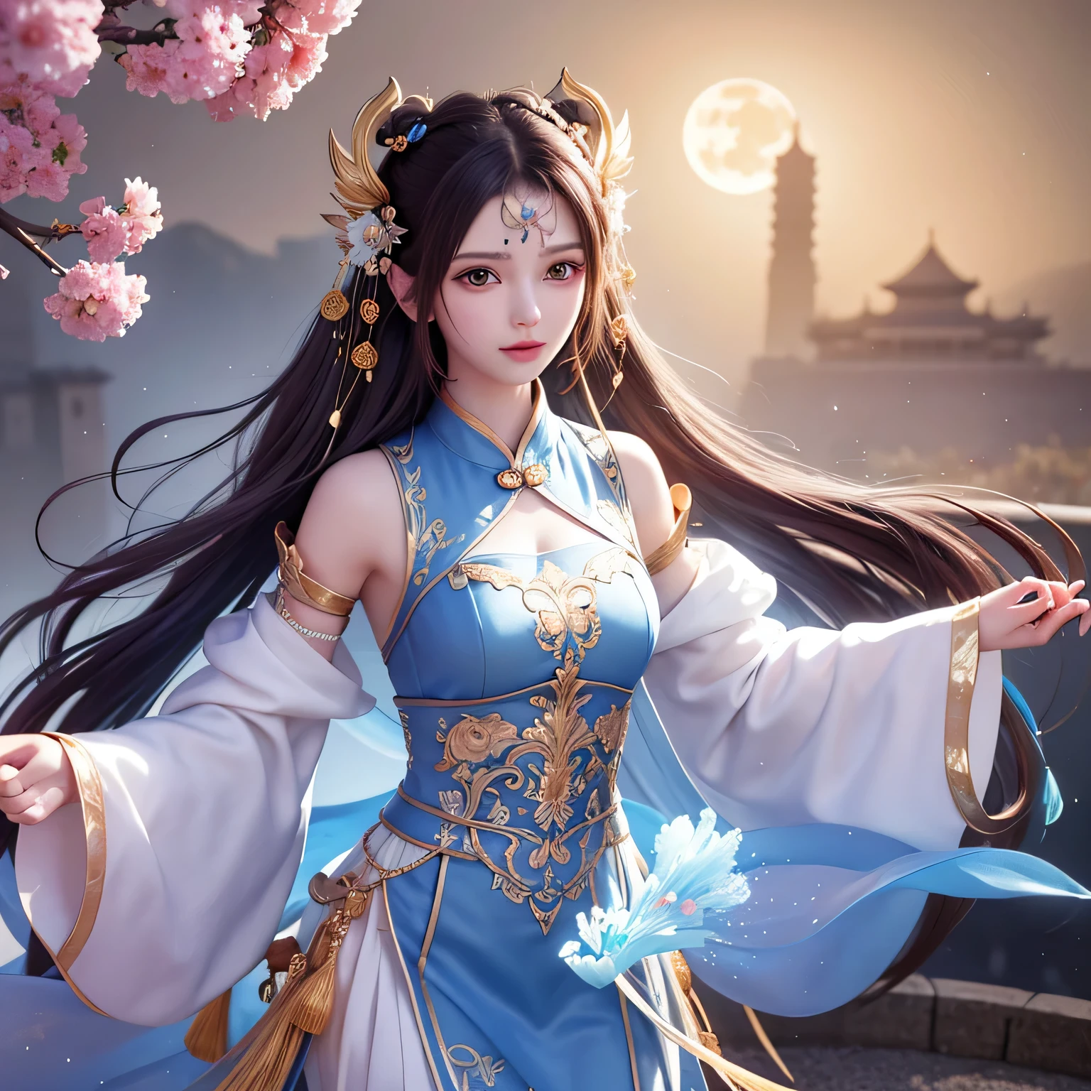 (8K, Raw foto:1.2),Best Quality, The ultra-Highres,dramatic angle,(Splash of fluttering and delicate colors), (Illustration),(((1 Girl))),(Long hair),(Sateen:0.9),(Hair ornaments:1.4),Next to the girl is an ancient palace,wearing chinese clothes), colour: Ink Wash Painting,(Color Splashing),Brilliant bouncing,(((colourfull))),(sketchpad:0.8), Masterpiece,Best Quality, Beautifully drawn,highly detaild,(denoise:0.6),[splash ink],((Ink refraction)), (Beautiful detailed sky),the moon,highly,Detail Aster Piece, Best Quality, Extreme Detail CG Unity 8K Wallpapers,Masterpiece, Best Quality, Ultra-detailed),(Lycoris Radiata),