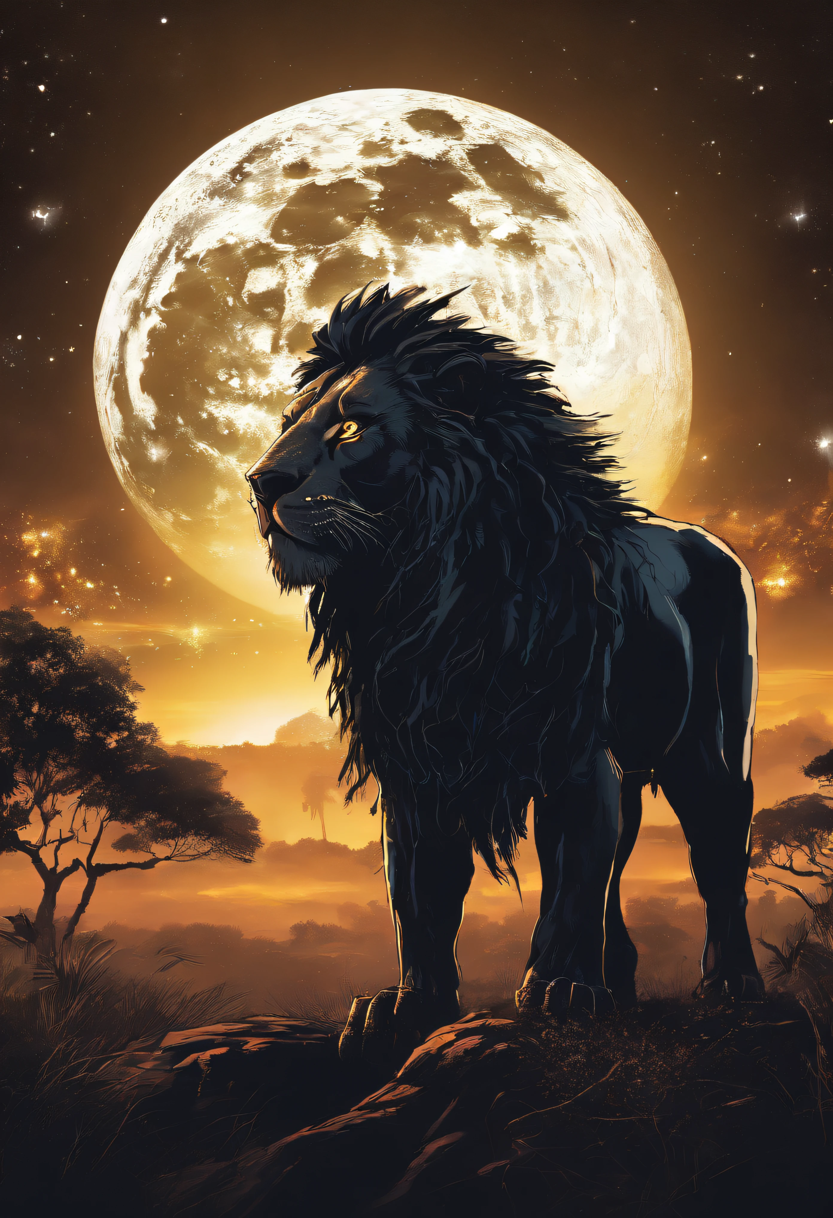 Black lion roaring at night with (dreadlocks nas cores do reggae) in a savannah with a giant moon in the super starry sky Realistic image photo by photographer