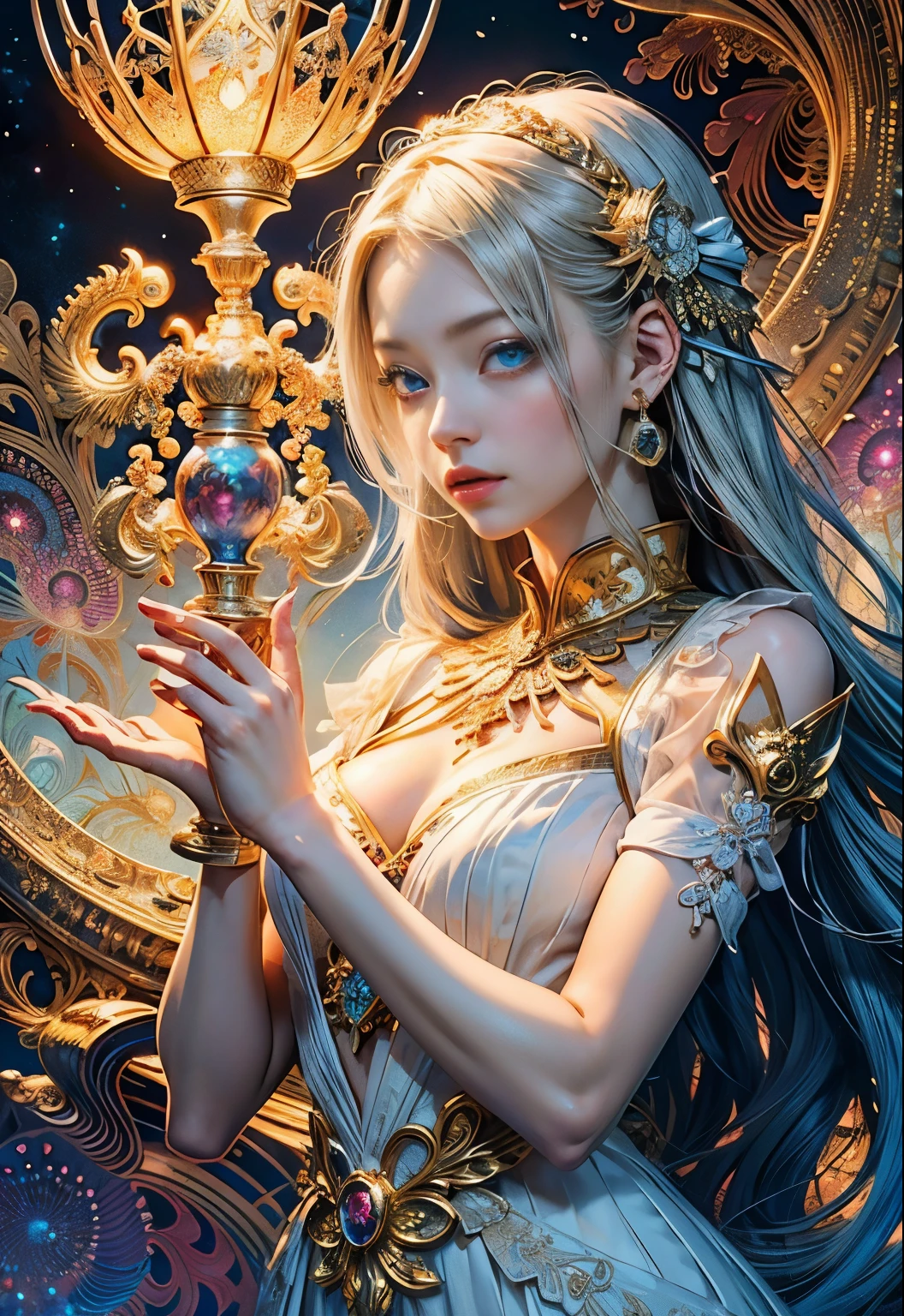 (masutepiece, of the highest quality, Best Quality, Official art, Beautiful and aesthetic:1.2), (1girl in), ighly detailed,(Fractal Art:1.3),Colorful,highest details, she has clear blue eyes, , she is wearing a white luxurious dress, Holding a gold wand