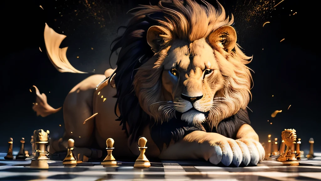 lion play chest, lion realistic, chess pieces are being thrown into the air on a chess board, chess, !!playing chess!!, chess piece, surreal chess, slow - mo high speed photography, against a deep black background, amazing wallpaper, chess game, chess lion, lion chess, super high speed photography, clean render, high speed photography, high contrast hyperrealism 8k