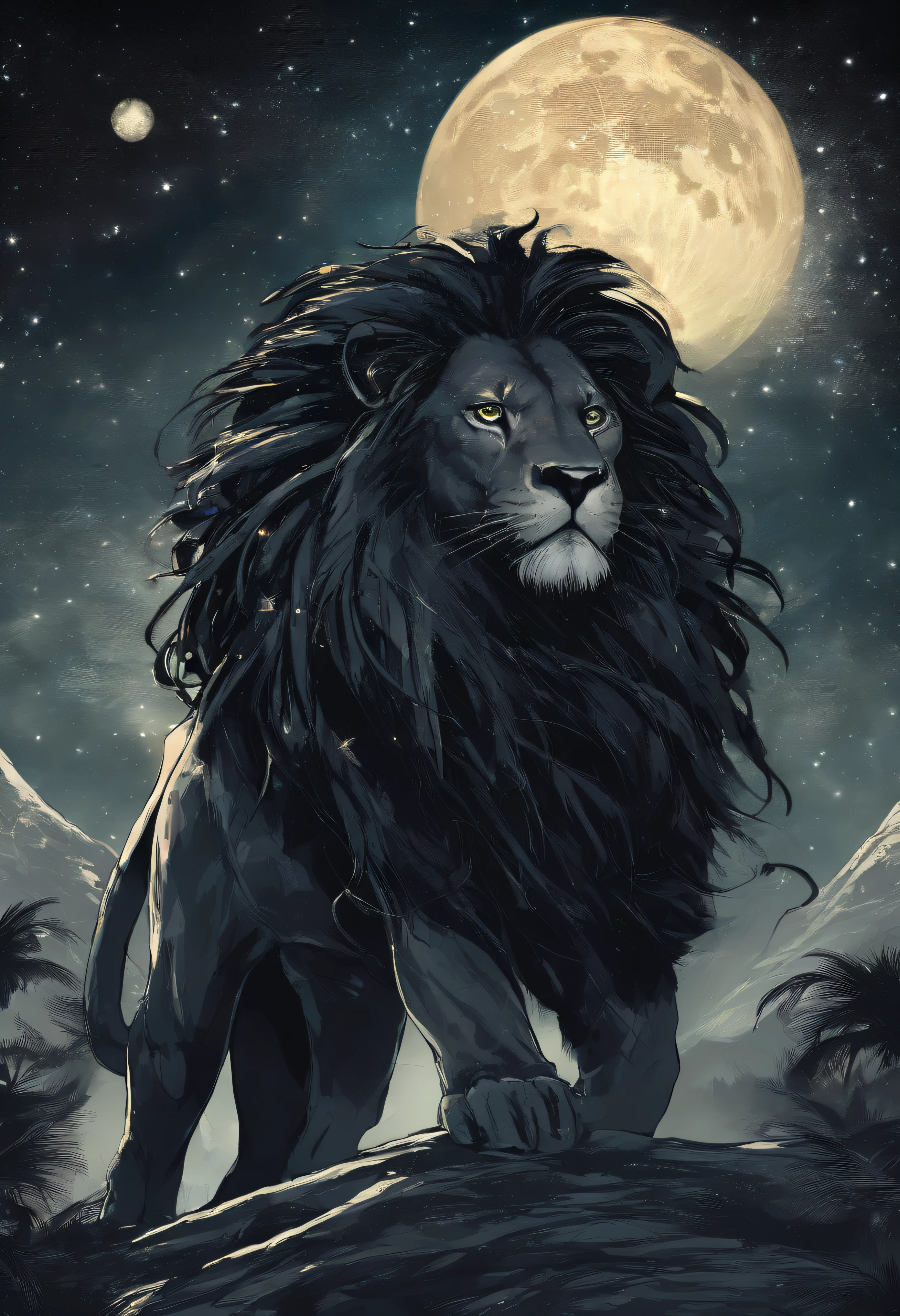 Black lion roaring at night with (dreadlocks nas cores do reggae) in a savannah with a giant moon in the super starry sky Realistic image photo by photographer