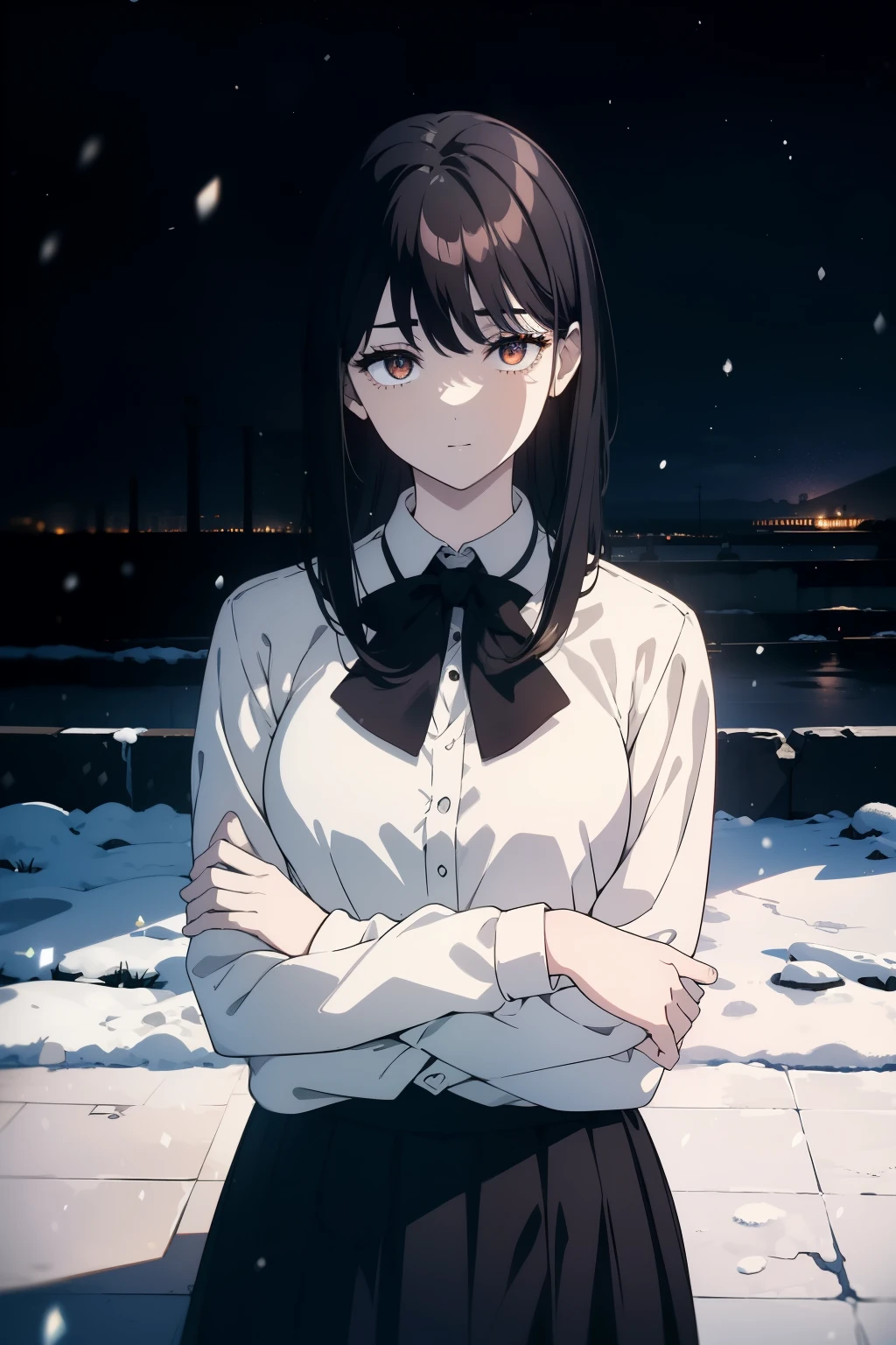 (Obra maestra, La mejor calidad, ultrahigh resolution), 1girl, standing, school uniform, white office shirt, black pleated skirt, (((black hair, dark black hair))), long hair cut, pale skin, ((brown eyes)), glowing_eyes, neon eyes, (ultra detailed eyes:0.7, beautiful and detailed face, detailed eyes:0.9), ((centered)), smile, ((wide shot)), facing viewer, eye level, ((vibrant background, snowy landscape, cityscape, snowing, snow)), flat chested, looking at viewer, ((half closed eyes)), ((perfect hands)), (((head:1, arms, hips, elbows, in view))), ((hands behind back)), empty eyes, beautiful lighting, outside, outdoors, background, defined subject, 25 years old, (head tilt)