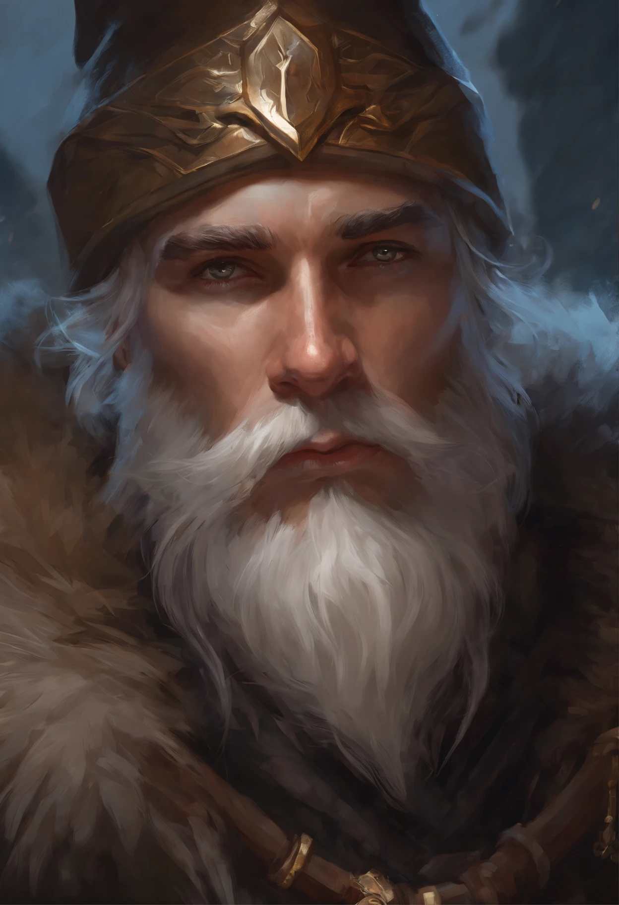 Close-up of a man with a beard and wearing a New Year's hat, painted portrait of rugged odin, a middle aged elf, dwarf with white hair, male god svarog portrait, Hearthstone Card Art, Artgerm and Craig Mullins, portrait of an elf мужского пола, rpg portrait concept art, portrait of an elf, wojtek fus