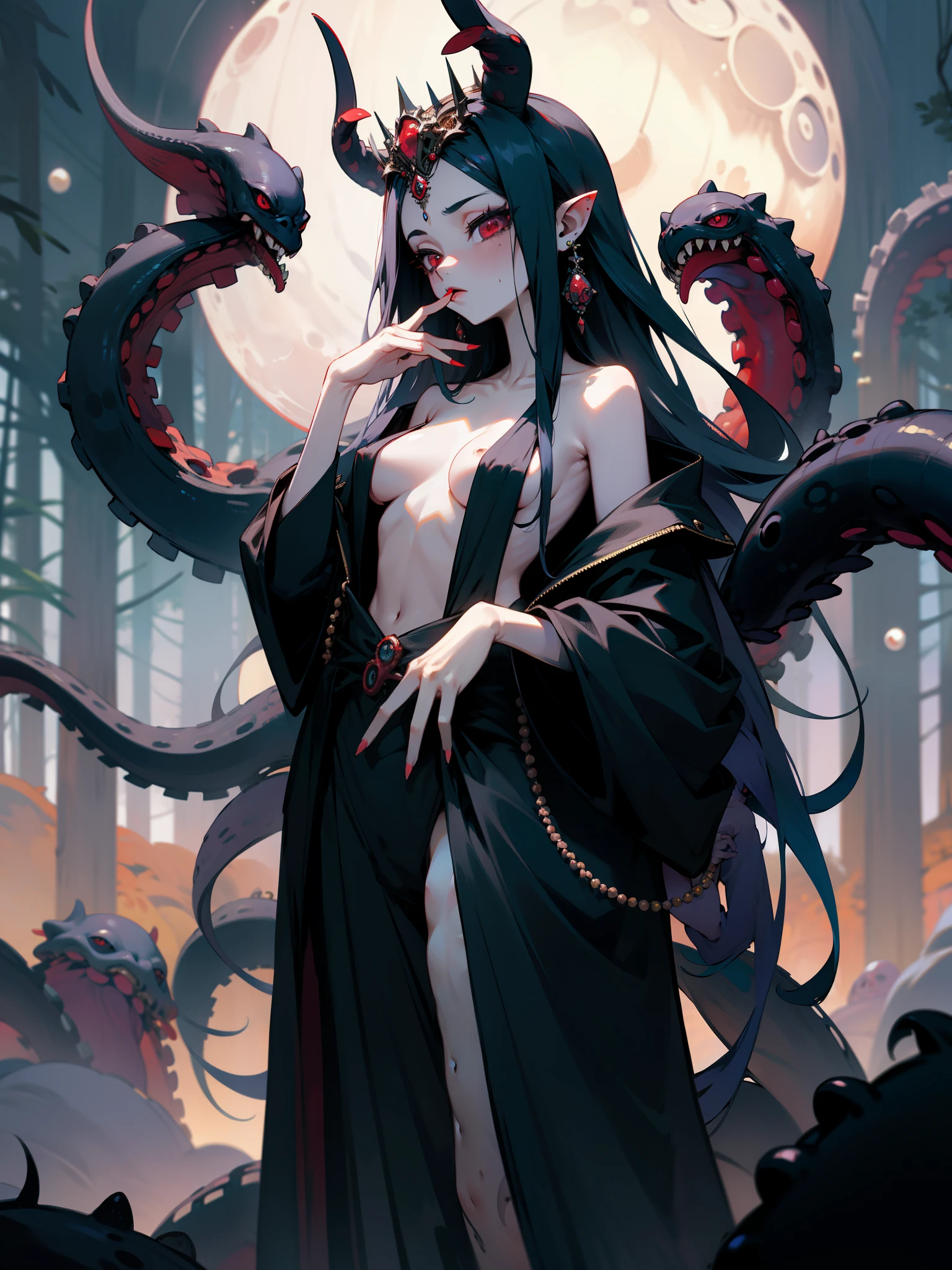 tmasterpiece,Best quality at best,ultra - detailed,1个Giant Breast Girl,Alone,diadems,耳Nipple Ring,(barechested:1.5),Pearls and jewelry,full bodyesbian,long fingernails,horror theme,dreads,the night,themoon,sexy for,Chopping,in woods,red eyes,tentaculata,Octopus feet,