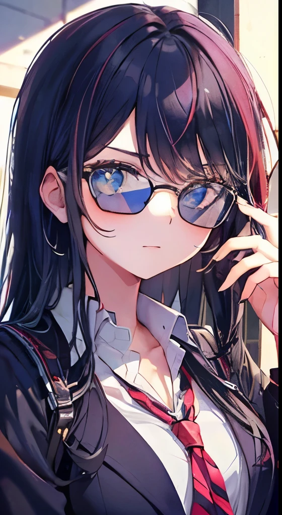 Female, 18 years old, blue-black hair, wearing round sunglasses School