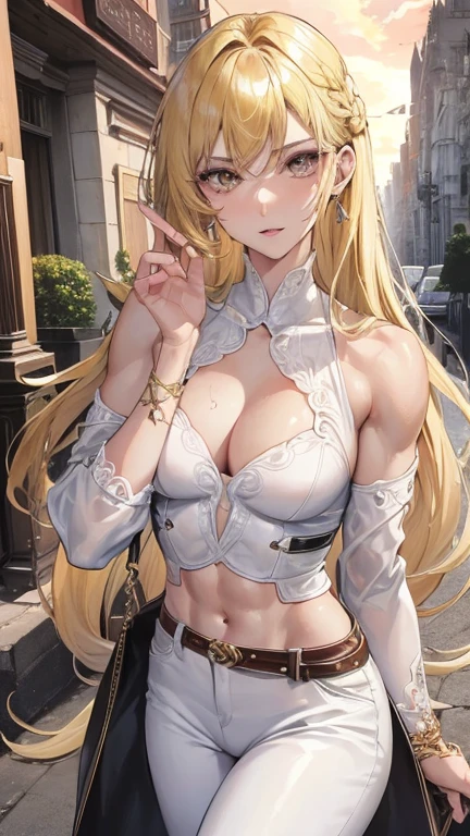 masculine, Attractive, muscular, ((1 man)), masutepiece, absurderes, Best Quality ,Intricate details , (Shiny skin, Shiny body, shiny oily luster skin, Shiny hair, pale skintOne), Old castle, Sundown, Attractive, ((muscular)), , One, The tattoo ,White blouse, earrings, Brown pants, Don't look at the view , Not looking at the view, blonde very long hair, Perfect detailed face, perfect detailed hand