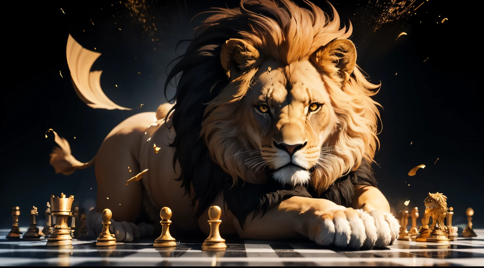 lion play chest, lion realistic, chess pieces are being thrown into the air on a chess board, chess, !!playing chess!!, chess piece, surreal chess, slow - mo high speed photography, against a deep black background, amazing wallpaper, chess game, chess lion, lion chess, super high speed photography, clean render, high speed photography, high contrast hyperrealism 8k