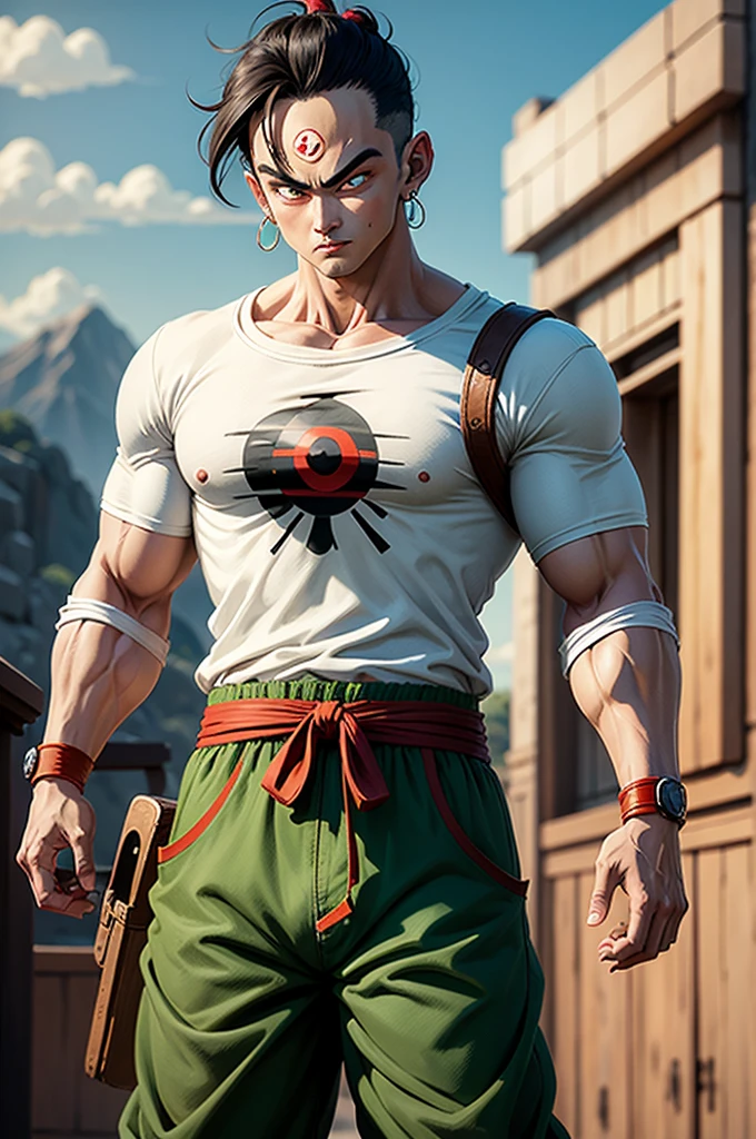 masterpiece, best quality,  solo,anime coloring, a cowboy shot of a tien with ((third eye:1.2)) and black eyes, white t-shirt,red sash, green pants, green wristbands, outdoors next to a ring,bald