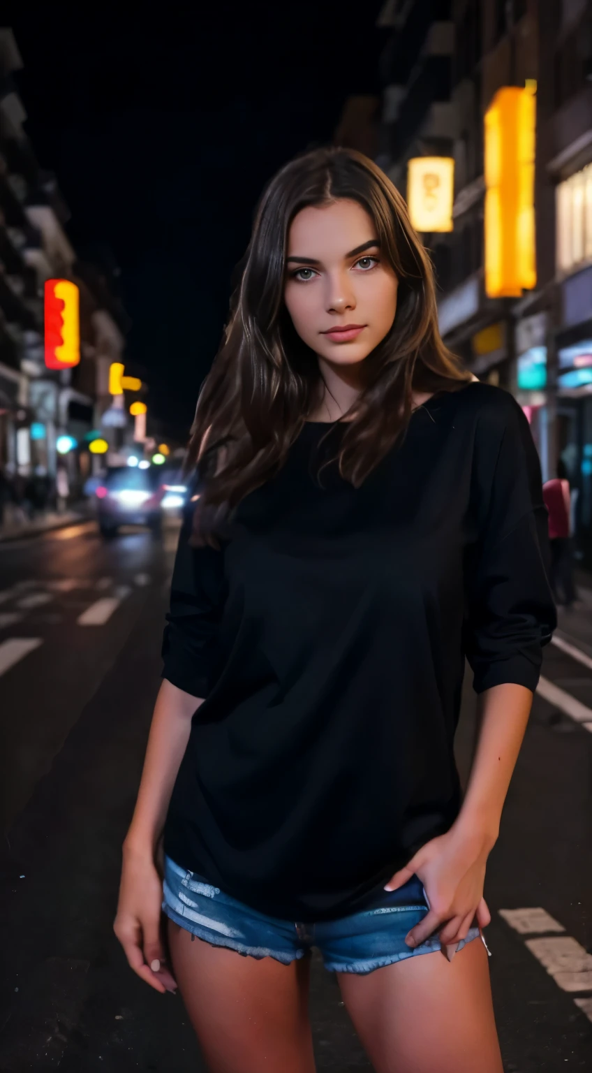 Full body photo of a 23-year-old brunette female on a illuminated street at night. Bright eyes with high level of details (staring at the camera) , detailed skin pores, ultra quality, realistic skin