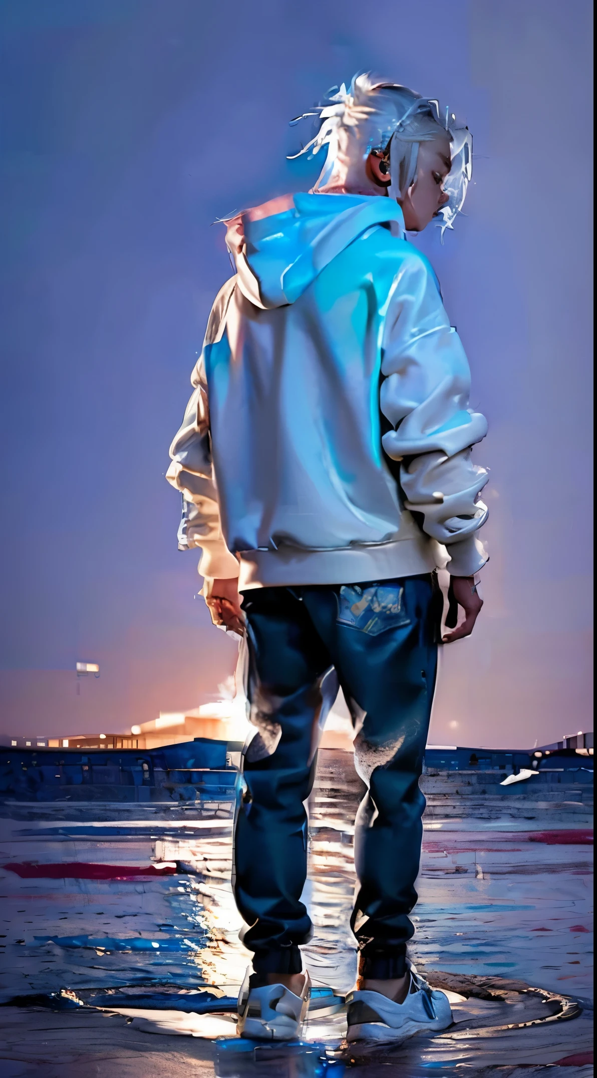 A white-haired teenager wearing headphones wearing a white hoodie with the name "FYT" written on the back is looking at the ocean.Anime style