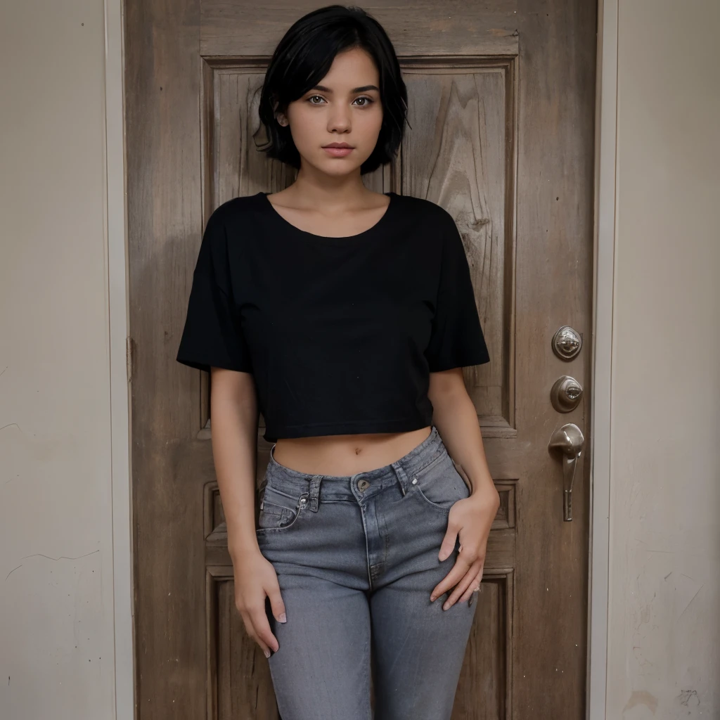 real girl, short hair, black hair, in front of a brown door, facing the camera, has black eyes, wearing grey crop basic t-shirt, blue jeans, barefoot, alternativ girl, full body view, feet shown