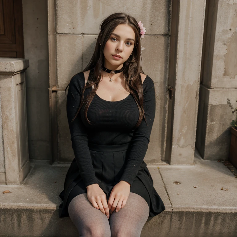 Chloe Hart chubby brunette very long wet hair flower hairband choker bangles jk uniform tights