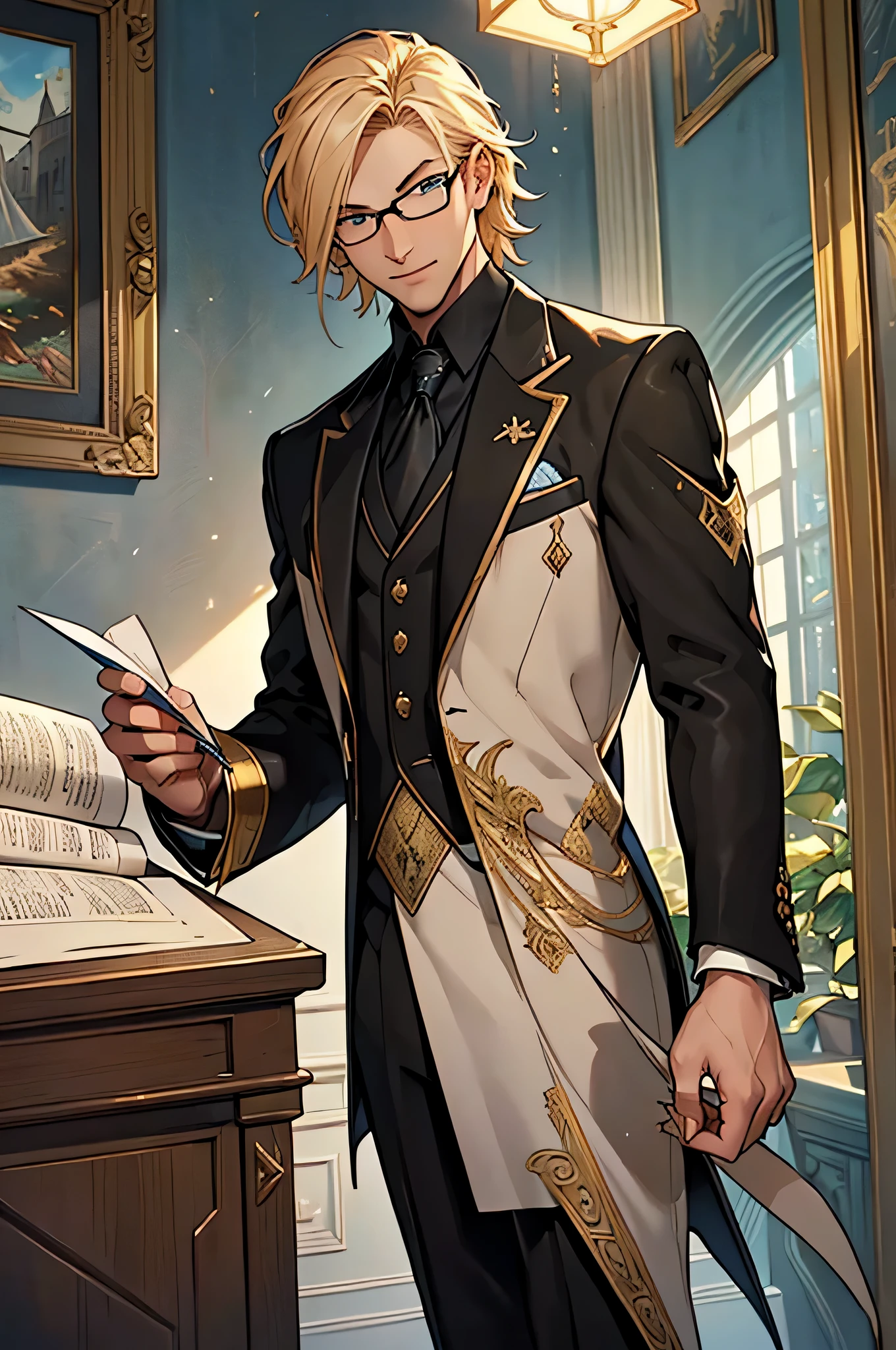 young  male，the only person，coiffed blonde hair，Short hair detaillue color eyes，(eye glass：1.5），tall nose bridge，ssmile，Face to the left，Study room，medieval times，nobles，A gorgeous one，Elegant，capitalist，(Black suit:1.5)，(Stand behind your desk，Put your hands down，Parchment in hand，There are inkwells and quills on the table)，(sea island:1.3)，(tmasterpiece:1.3) (Best quality) (8K) (HighDynamicRange) (Focus sharp)