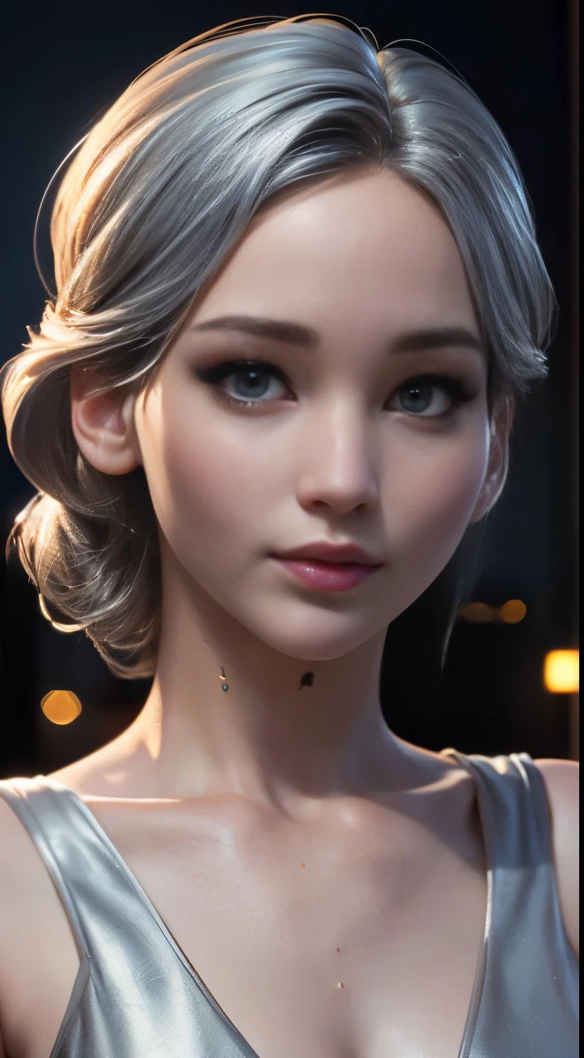 photo of Jennifer Lawrence, RAW, beautiful woman, ((portrait)), ((detailed face:1.2)), ((detailed facial feature, detailed skin, clear skin), (perfect proportioned body, medium breasts), (wearing a silver dress) (high detailed city environment, apartment balcony), (realistic photo, best quality, detailed), (8k wallpaper), (cinematic lighting, dramatic lighting) (sharp focus, intricate)