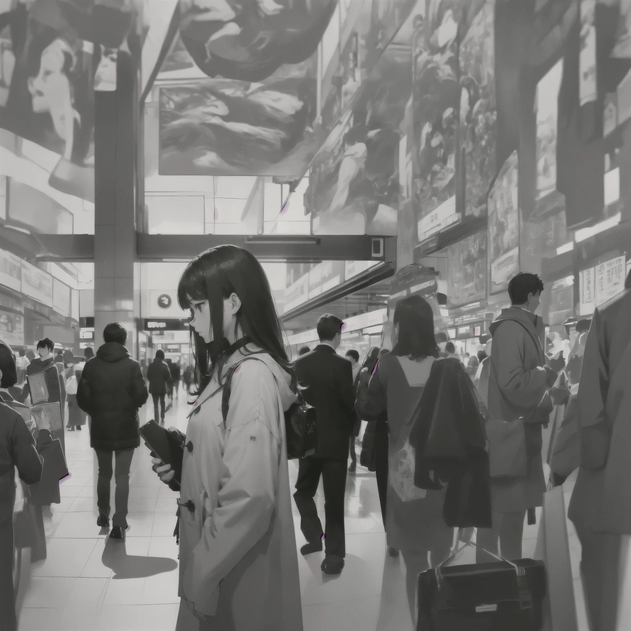 Completely monochrome、(((masterpiece)))、(((top-quality)))、((ultra-definition))、Highly detailed manga style landscape painting、A large number of people、Christmas、Super precise background writing、strong pen marks、Crowd situation at Shinjuku Station、In the crowd、