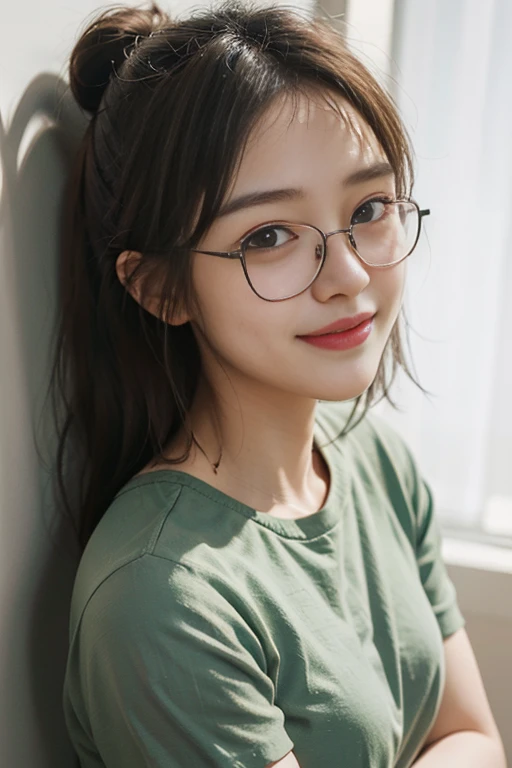 bestquality, masterpiece, ultra-high resolution, photorealistic portrait, 1girls, green T-shirt, smile, oversized, gentle lighting, Detailed skin, laughs, brown bun, Wear glasses., full entire body
