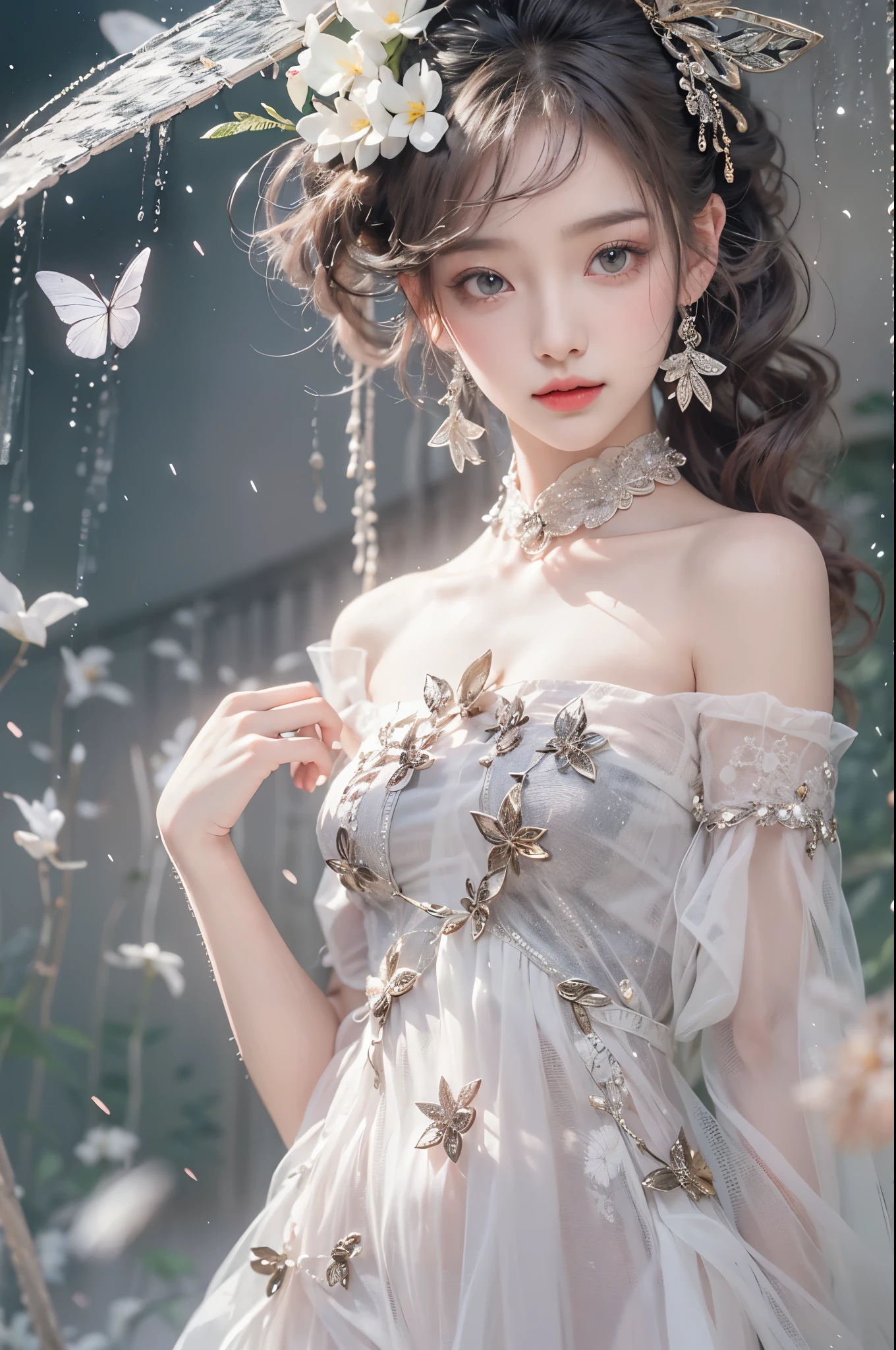 Sweet girl clothes4,strapless dress,jewelry,, ((knee shot)), photorealestic、real photograph、((realisticlying:1.5))、周围头发有白butterflys兰,Lilac dendrobium、white lilies、1 girl in、Brown hair、floated hair、Hazy beauty、A plump chest, cleavage, slender leg, Seductive legs, posing elegantly, Have extremely beautiful facial features、Hairpin on the head、perfect hand、(springtime、raining day、butterflys、precipice)、 vectorial art、Chinese contemporary art、Soft lighting、looking-down