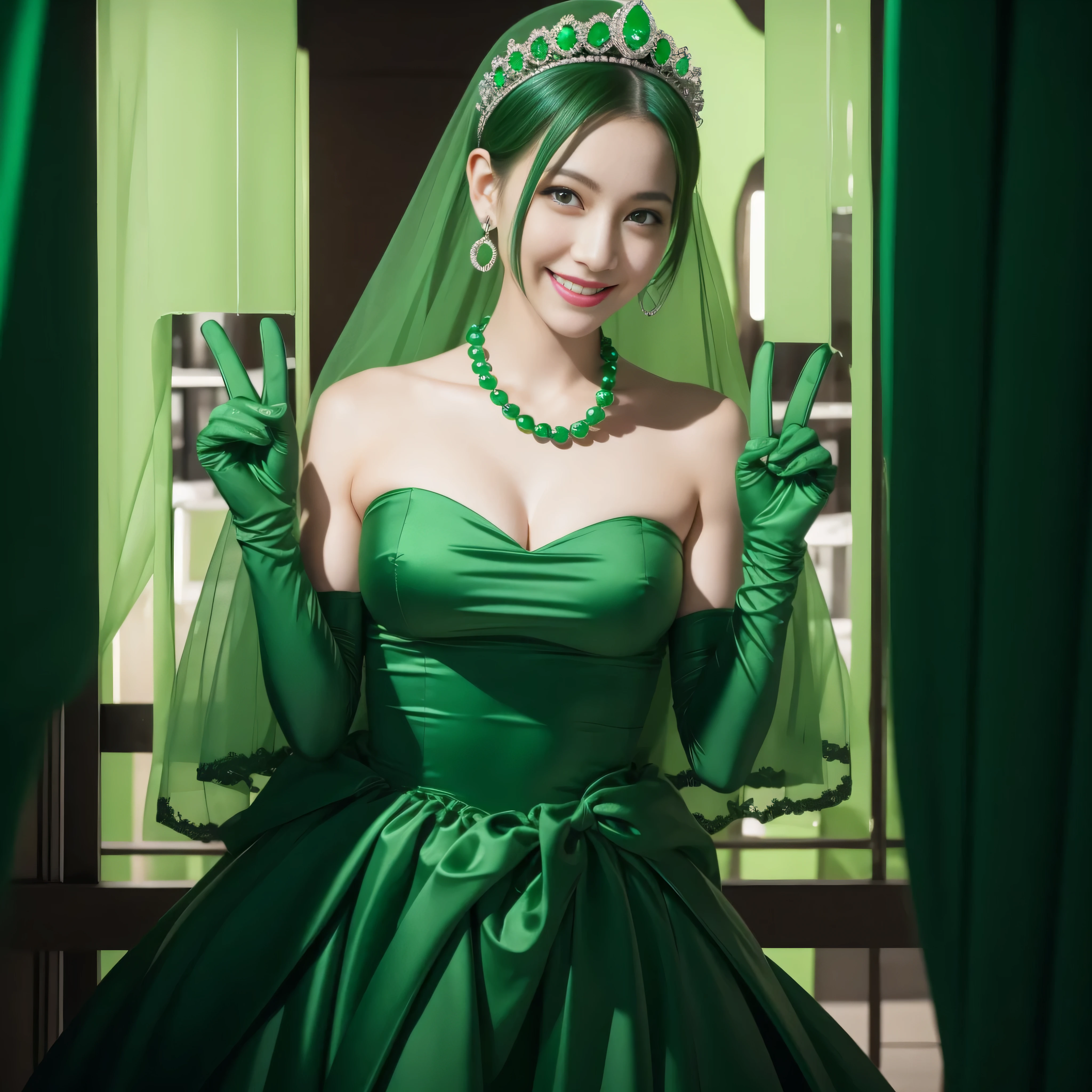 emerald tiara, Green Pearl Necklace, Boyish very short green hair, lipsticks, Japan woman smiling, very short short hair, big breasts beautiful, Green eyes, Long green gloves made of satin material, Green eyes, Emerald Earrings, green vale, v sign