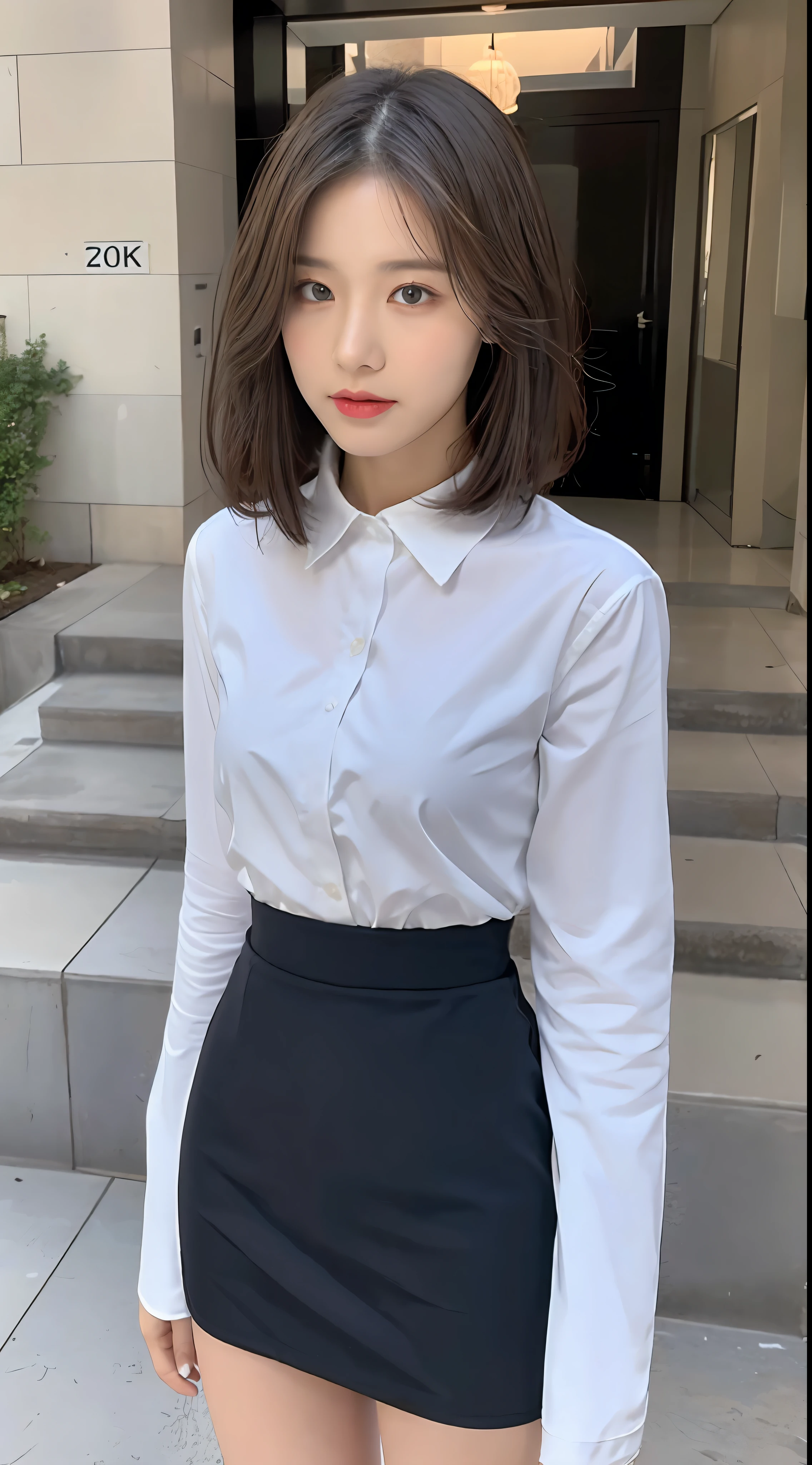 ((Best Quality, 8K, Masterpiece: 1.3)), Focus: 1.2, Perfect Body Beauty: 1.4, Buttocks: 1.2, (Dark Street: 1.3), Highly Detailed Face and Skin Texture, Full Body, Delicate Eyes, Double Eyelids, Whitened Skin, short wavy Hair, (Round Face: 1.5), white tight shirt, black short A skirt