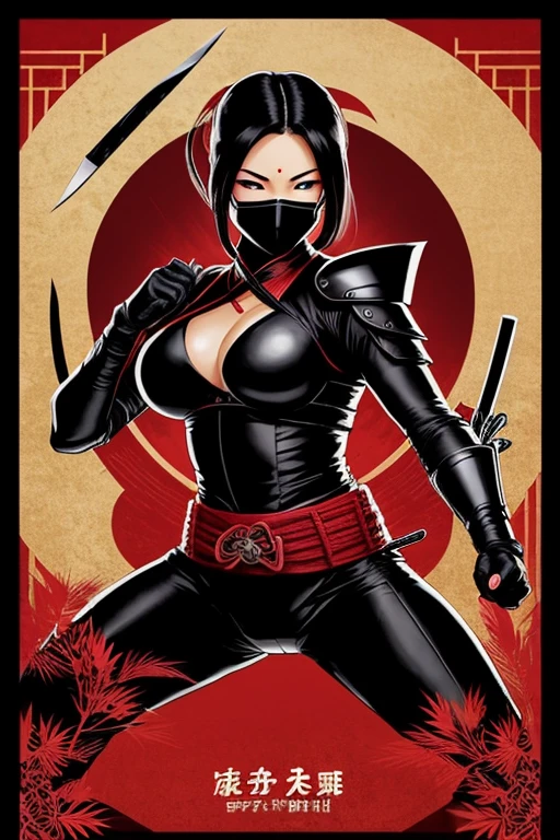 oriental ninja woman, detailed eyes and face, beautiful detailed lips, long eyelashes, leather armour, mask, big breasts, slender figure, agile movements, katana sword, throwing stars, ninja tools, moonlit night, bamboo forest, mysterious atmosphere, dark shadows, moonlight shining through the leaves, Asian inspiration, martial arts expertise, stealthy and silent, powerful and deadly, traditional Japanese culture, black and red color scheme, intense and dramatic lighting, dynamic poses, elegant and fierce, skilled in martial arts and assassination techniques, mysterious aura, capturing the essence of the oriental ninja in a modern and empowering way, high-quality illustration medium, ultra-detailed, realistic and vivid colors, masterful attention to textures and details, capturing the delicate features of the face, creating a captivating and iconic image.