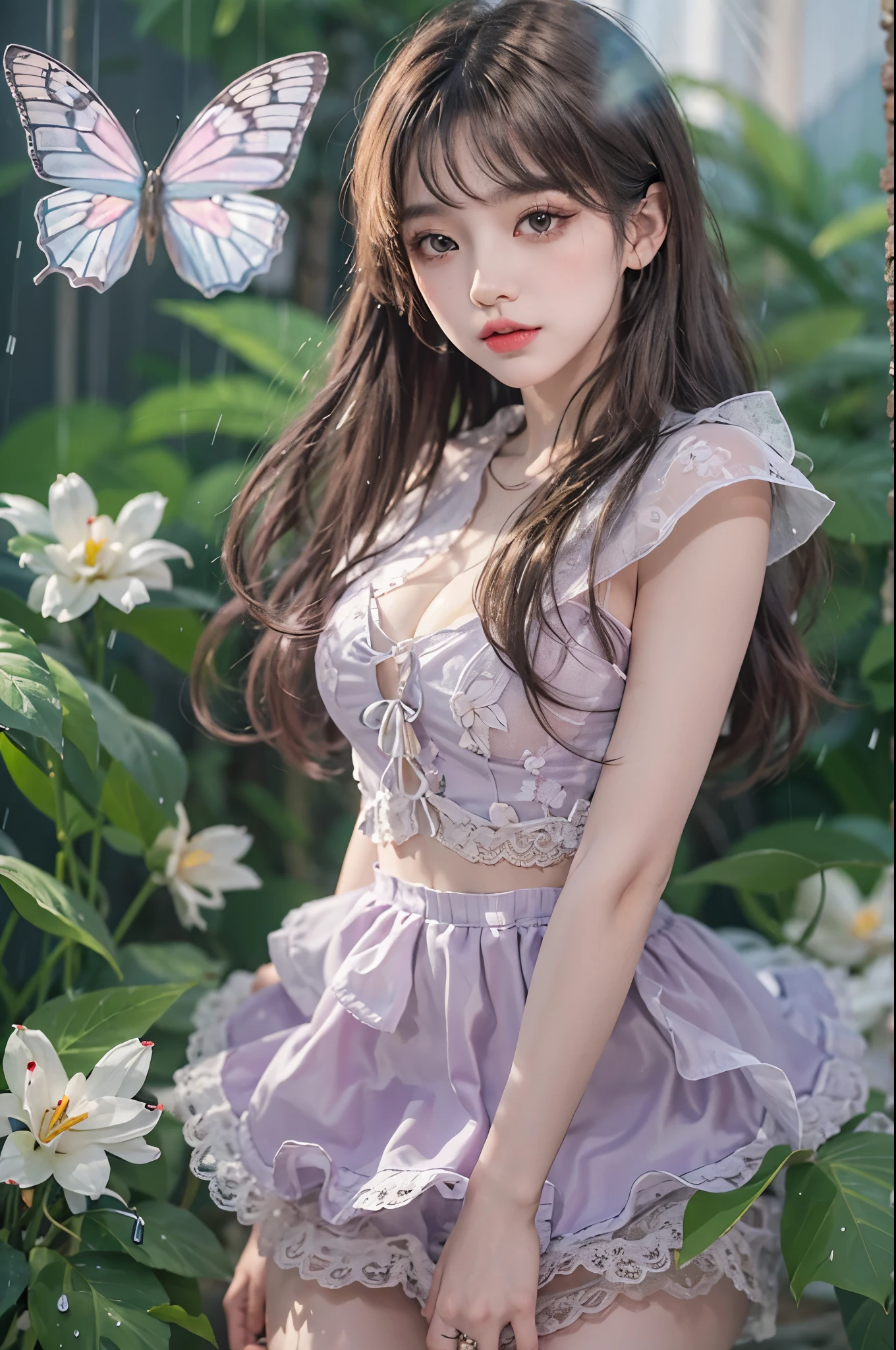 Special clothes44,lace trim,midriff,shirt,miniskirt, ((knee shot)), fashi-girl, red lips, mature female, makeup, photorealestic、real photograph、((realisticlying:1.5))、周围头发有白butterflys兰，Lilac dendrobium、white lilies、1 girl in、Brown hair、floated hair、Hazy beauty、A plump chest, Nice, cleavage, slender leg, Seductive legs, posing elegantly, Have extremely beautiful facial features、Hairpin on the head、perfect hand、(springtime、raining day、butterflys、precipice)、 vectorial art、Chinese contemporary art、Soft lighting、looking-down