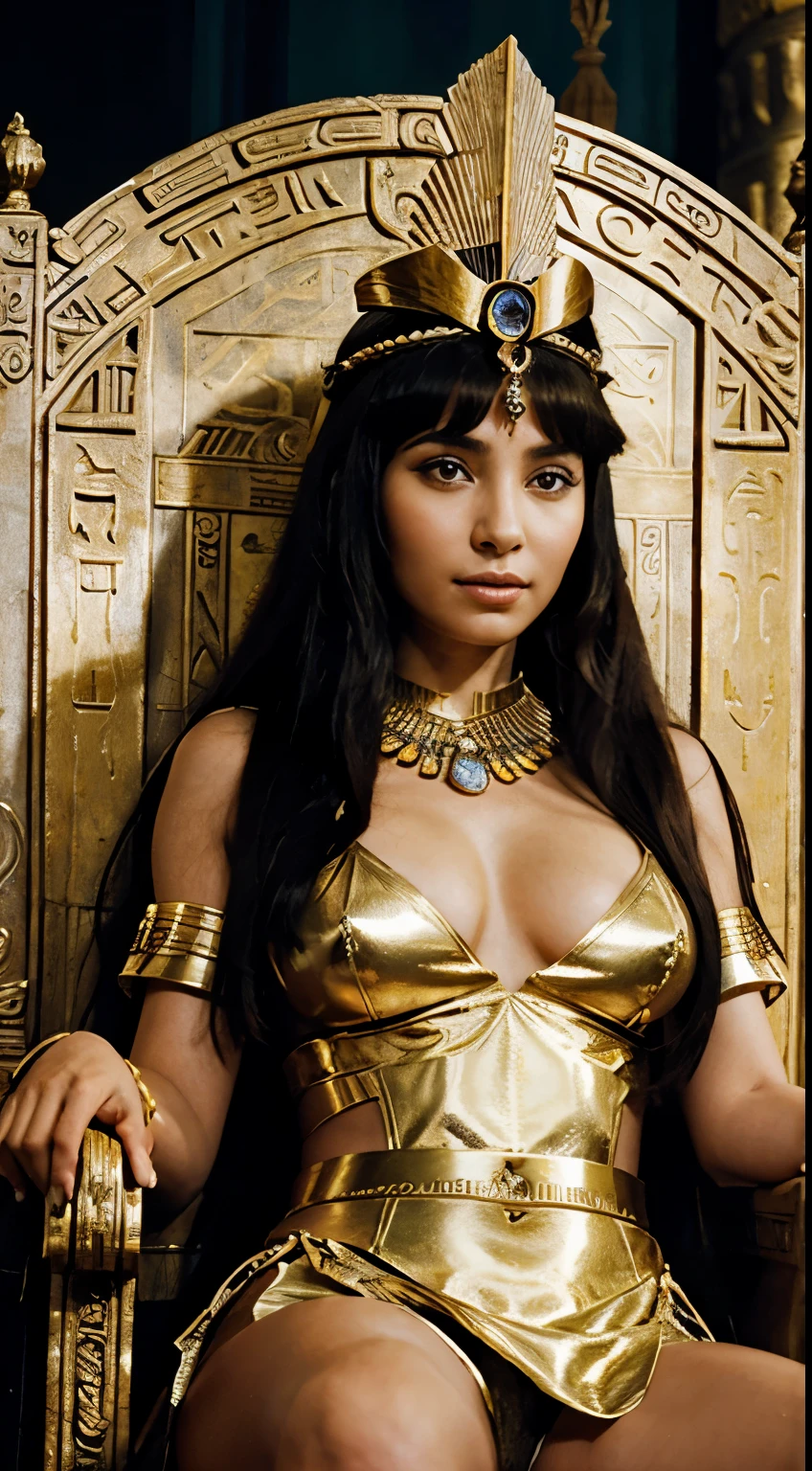 hyper realistic portrayal of Cleopatra as queen, sitting on the throne of Egypt, with a serene expression, no new lands shown on the map, no battle in sight, highlighting a period of stasis