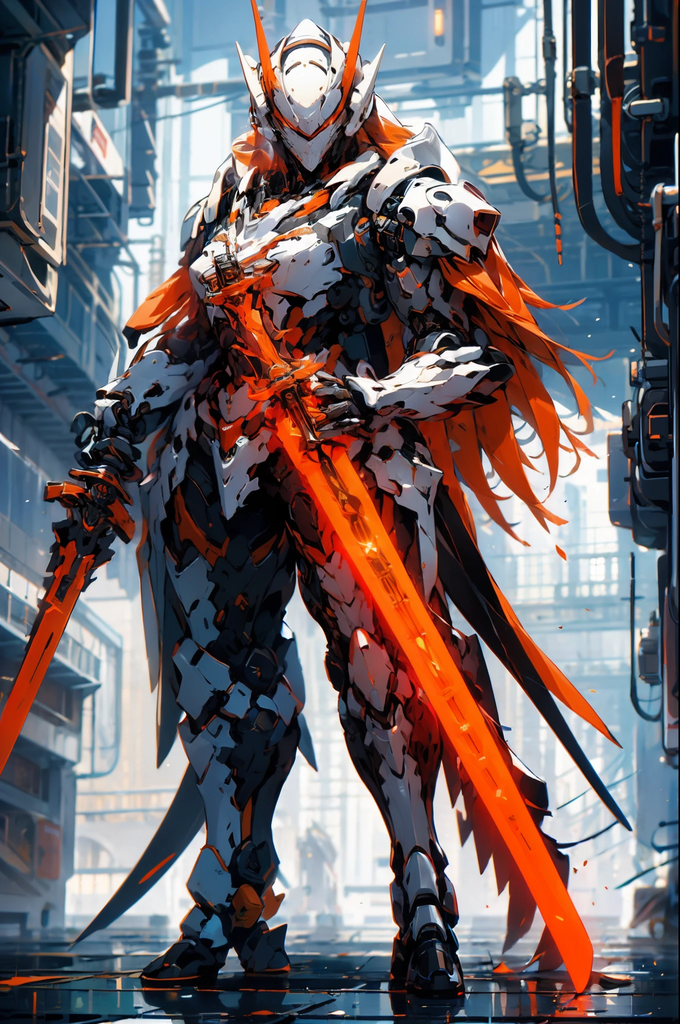 mecha_musume, 1girl, long_hair, science_fiction, weapon, sword, holding_sword, orange_eyes, solo, headgear, holding_weapon, mecha, standing