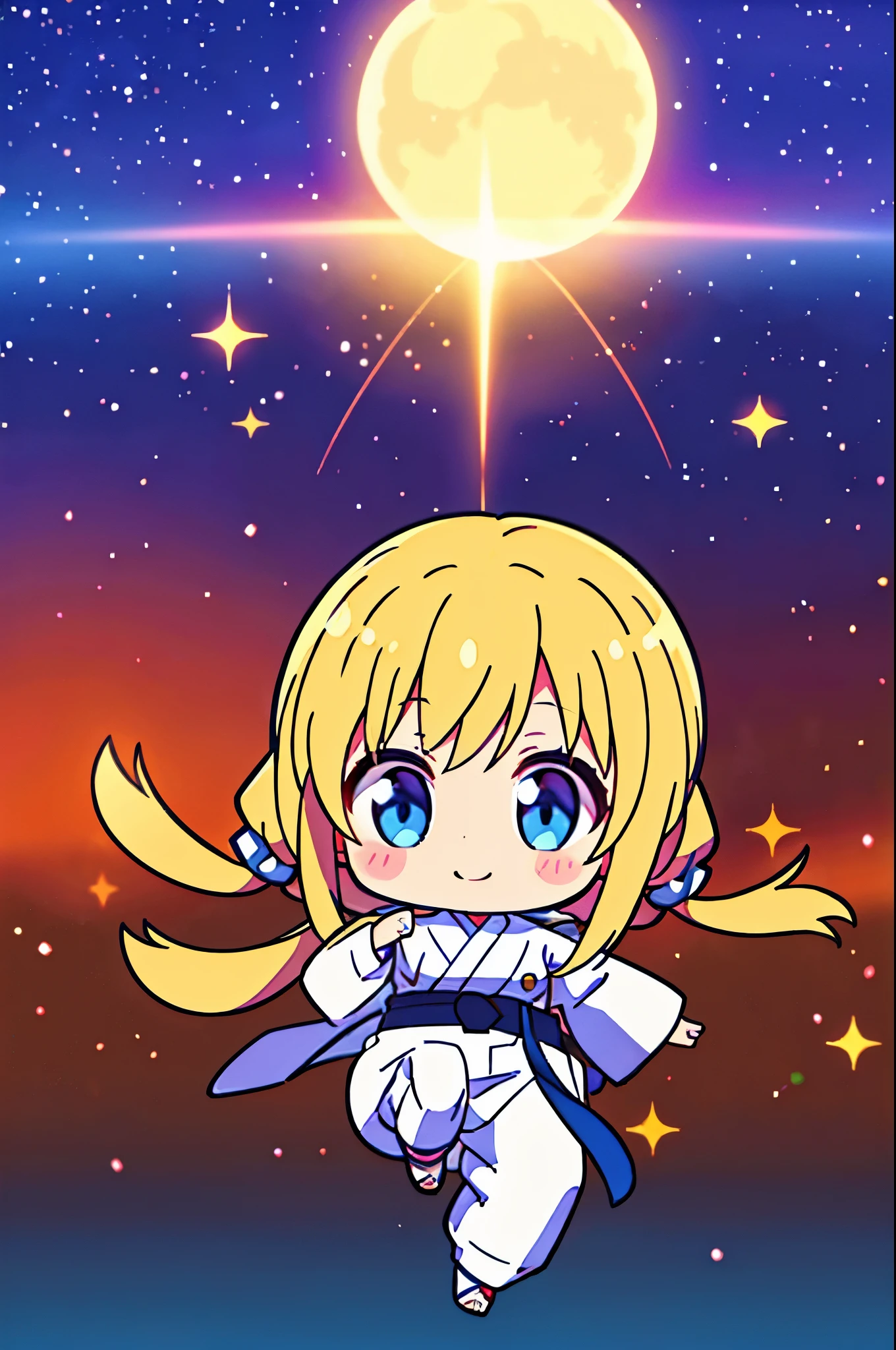 Draw a smiling child with blue eyes in a white long-sleeved karate suit with a black belt in a powerful jumping scene in motion. The karate suit has long sleeves and long pants in white. No chest. The child is a little girl. She has shoulder-length blonde hair tied in a plait. In the background is a beautiful night sky with shooting stars and a golden crescent moon. Chibi Anime Stil. 4 K. Masterpice.