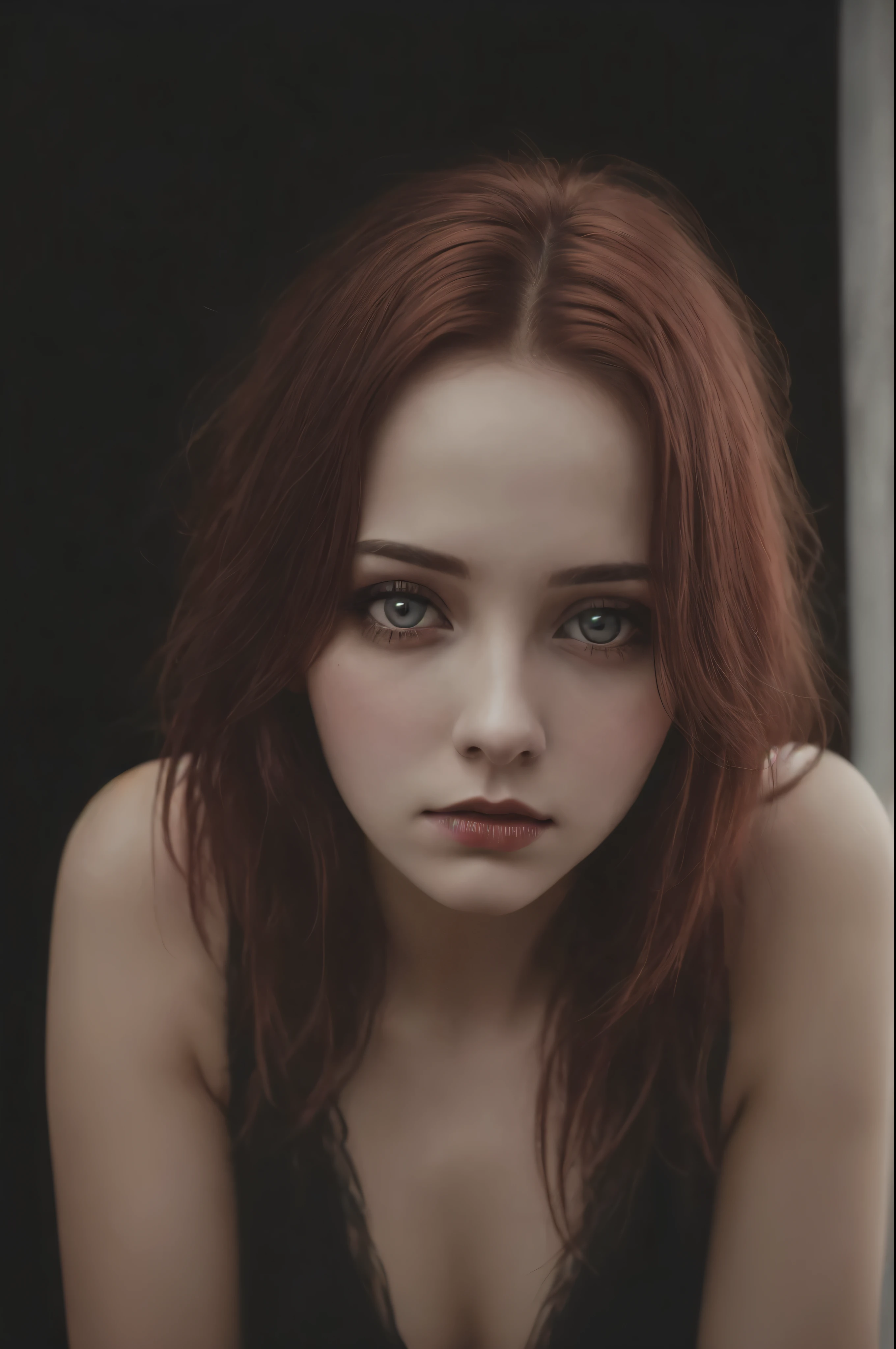 (realisti:1.2), Analog Photography Style, cute woman with short black and red hair, red eyes, (gloomy and dark atmosphere), soft natural lighting, Faded colors, Sexy, great quality, Masterpiece, Detailed fantasy backstory, Better Performance, 16k quality, HDR, RAW photo