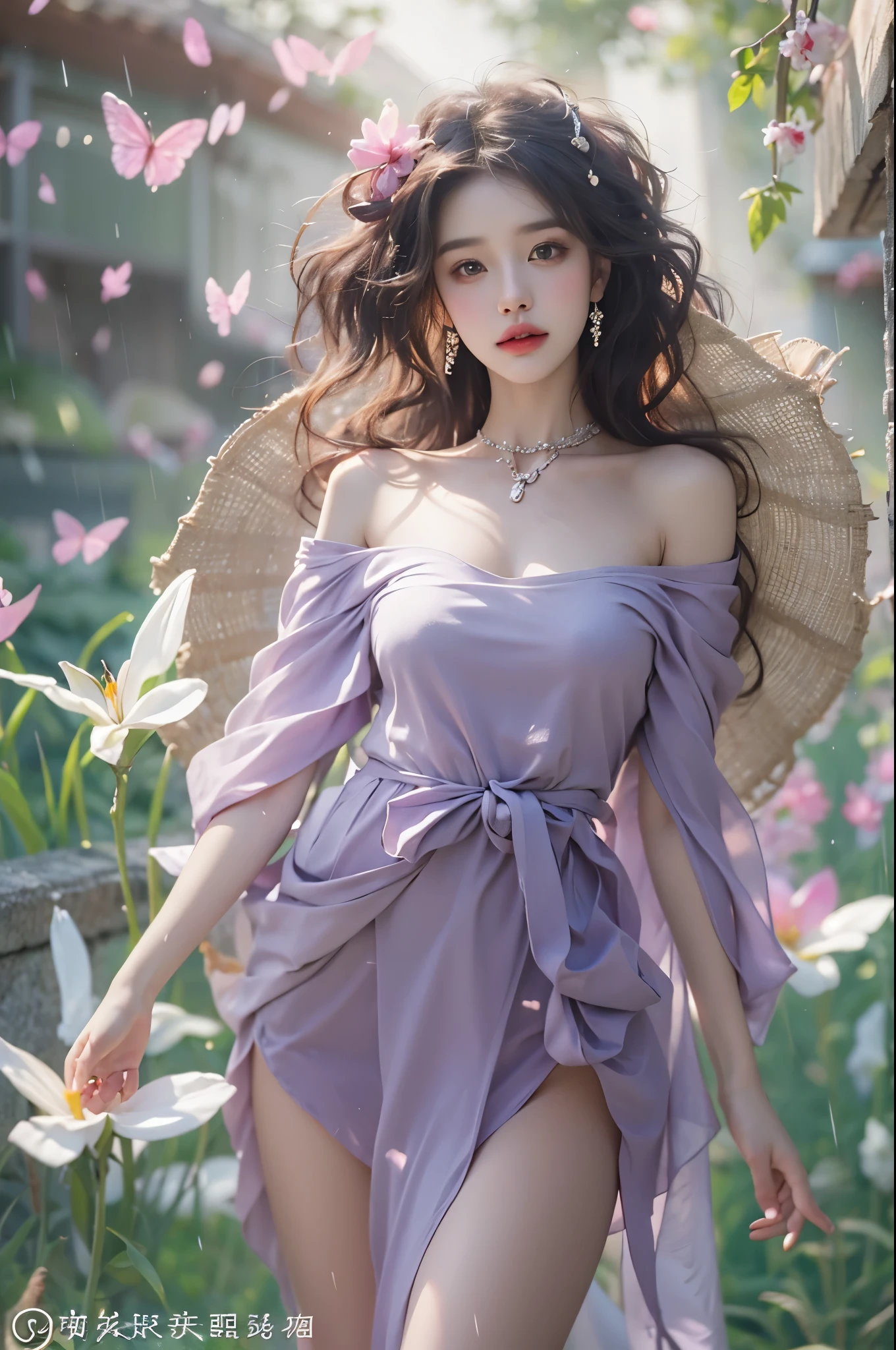 Special clothes34,bare shoulders,shirt, ((knee shot)), fashi-girl, red lips, mature female, makeup, photorealestic、real photograph、((realisticlying:1.5))、周围头发有白butterflys兰，Lilac dendrobium、white lilies、1 girl in、Brown hair、floated hair、Hazy beauty、A plump chest, Nice, cleavage, slender leg, Seductive legs, posing elegantly, Have extremely beautiful facial features、Hairpin on the head、perfect hand、(springtime、raining day、butterflys、precipice)、 vectorial art、Chinese contemporary art、Soft lighting、looking-down