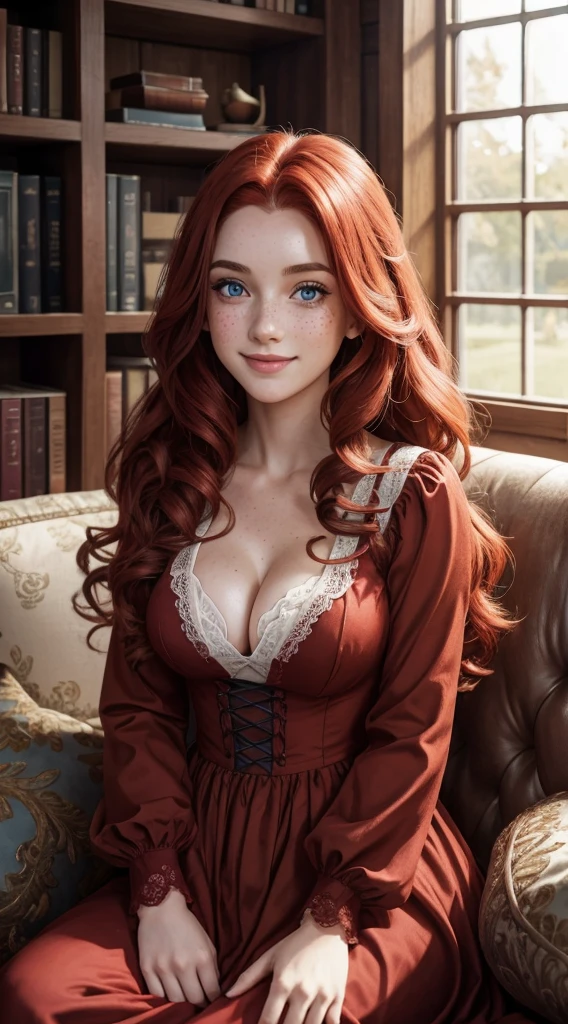 Beautiful, cute, 23 year old European woman, arafed, young amouranth, red hair, long hair, curly hair, flower in hair, perfect face, freckle spotted face, sharp features, thousands of freckles, smiling, laughing, happy, blue eyes, perfect eyes, symmetrical eyes, cleavage, perfect breasts, skinny, maroon victorian dress long sleeves, colonial house, large windows, bookshelves, couch, winter, (high quality), (detailed), (8k ultra hd), 1 person
