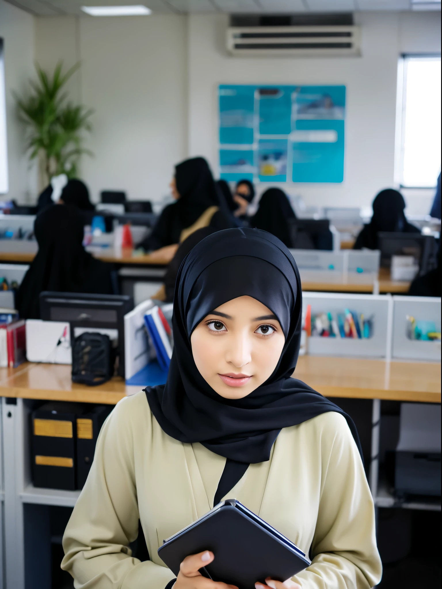 middle eastern women, hijab, gamis, office