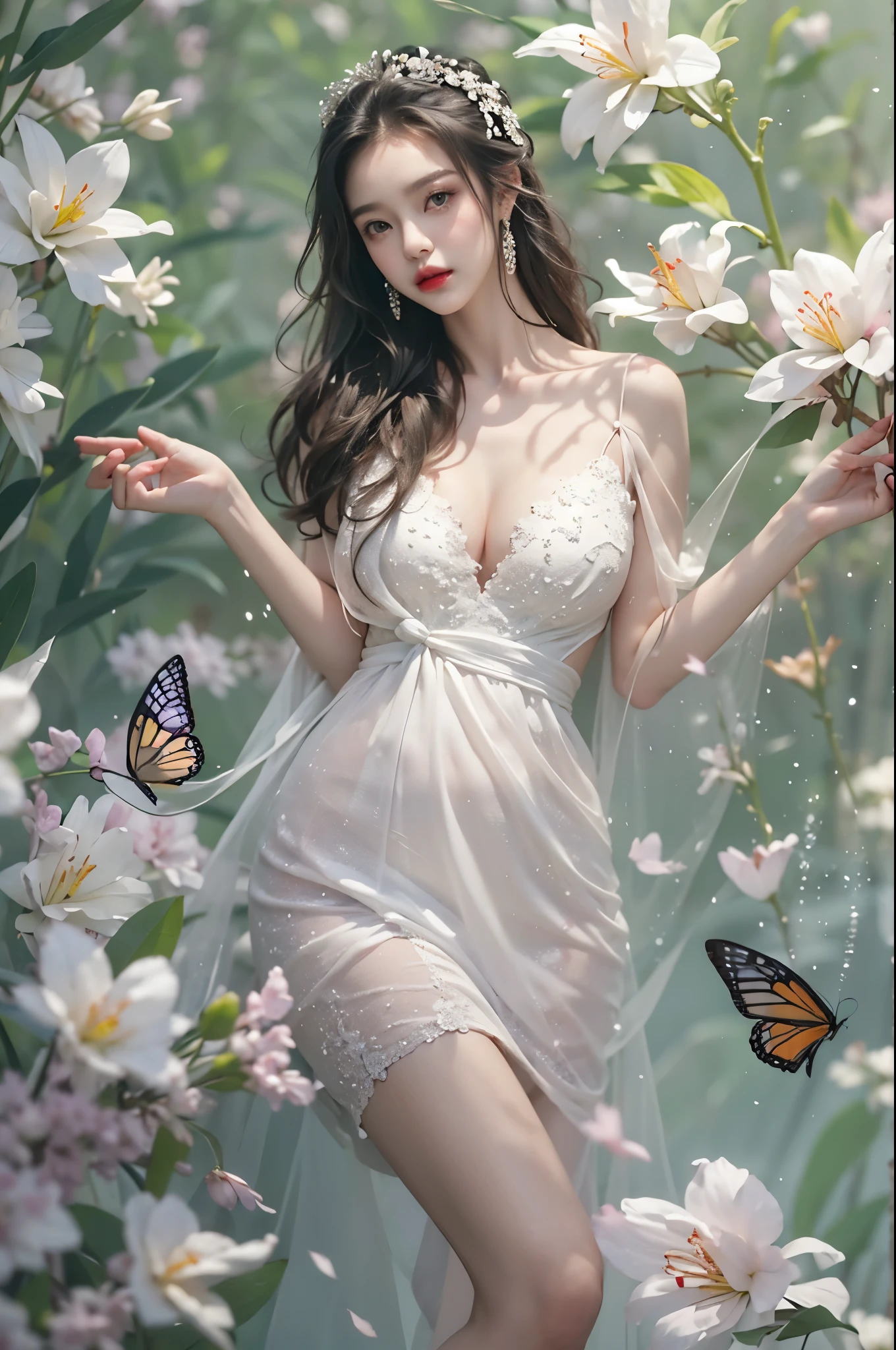 white dress, cleavage, large breasts, ((knee shot)), fashi-girl, red lips, mature female, makeup, photorealestic、real photograph、((realisticlying:1.5))、周围头发有白butterflys兰，Lilac dendrobium、white lilies、1 girl in、Brown hair、floated hair、Hazy beauty、A plump chest, Nice, cleavage, slender leg, Seductive legs, posing elegantly, Have extremely beautiful facial features、Hairpin on the head、perfect hand、(springtime、raining day、butterflys、precipice)、 vectorial art、Chinese contemporary art、Soft lighting、looking-down